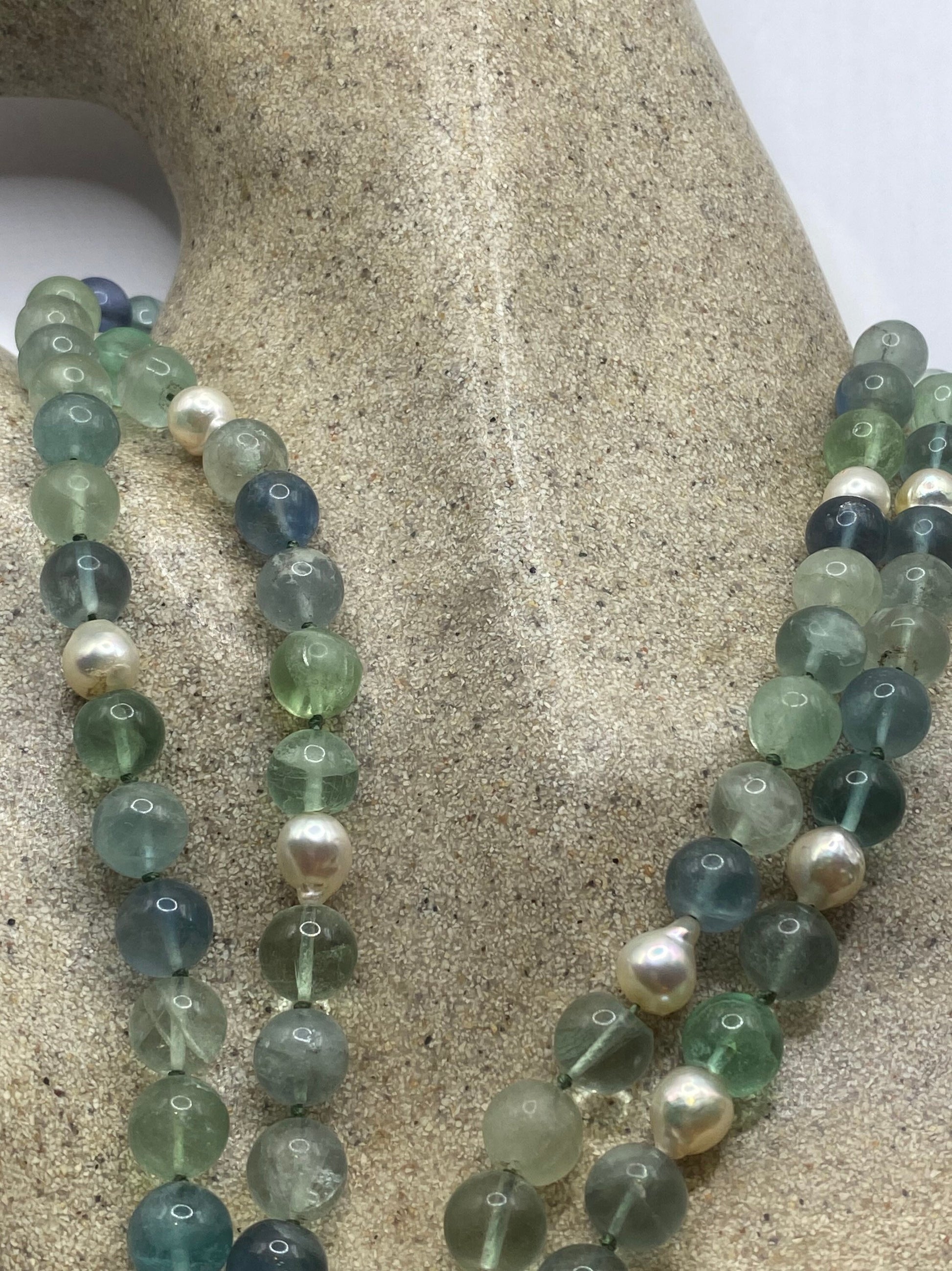 Vintage Hand Knoted Green Fluorite Pearl beaded Necklace 40 inch