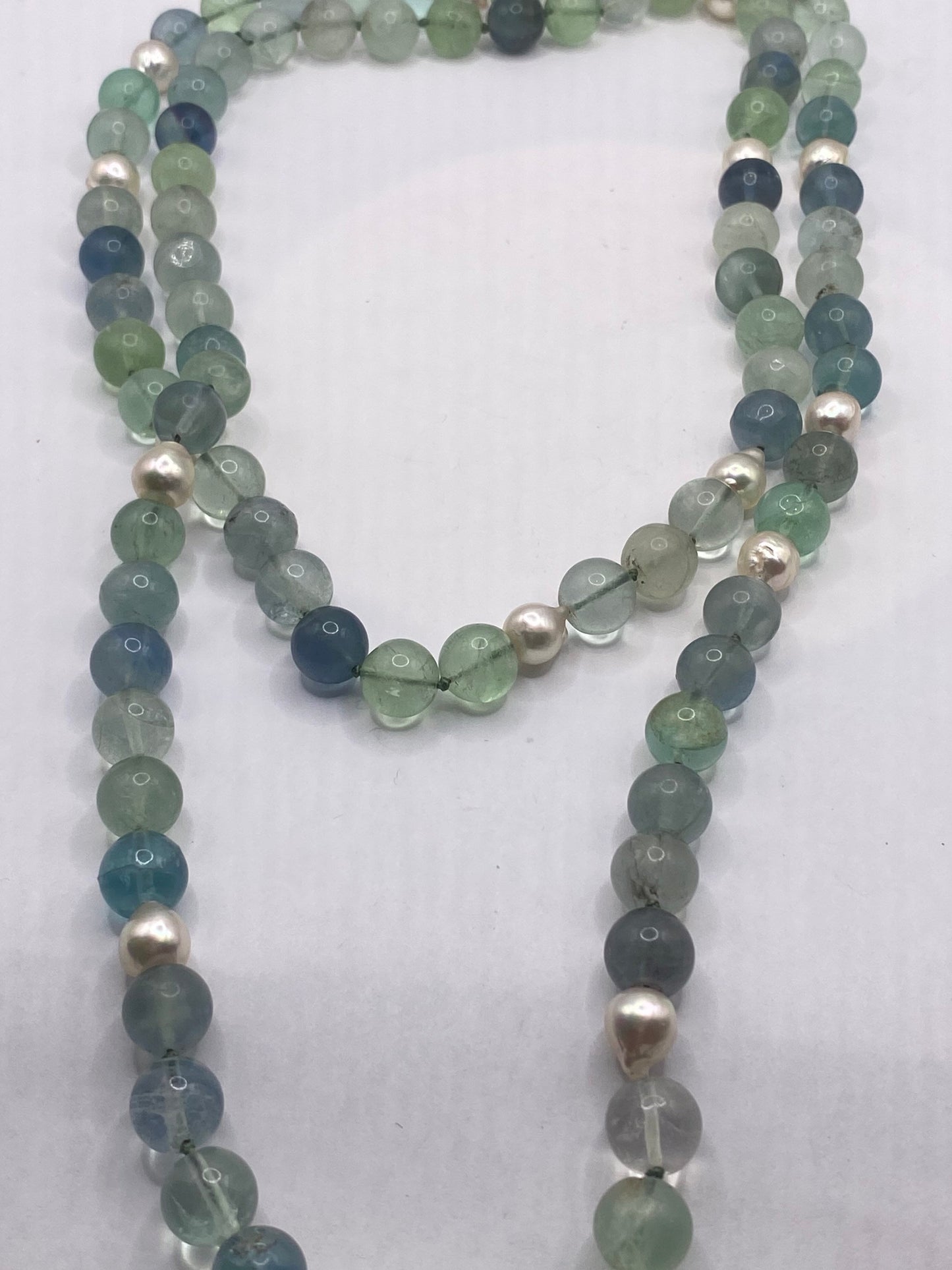 Vintage Hand Knoted Green Fluorite Pearl beaded Necklace 40 inch