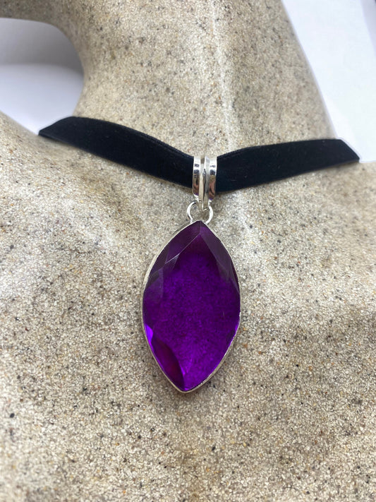 Vintage Purple Glass Choker Silver Finished Necklace