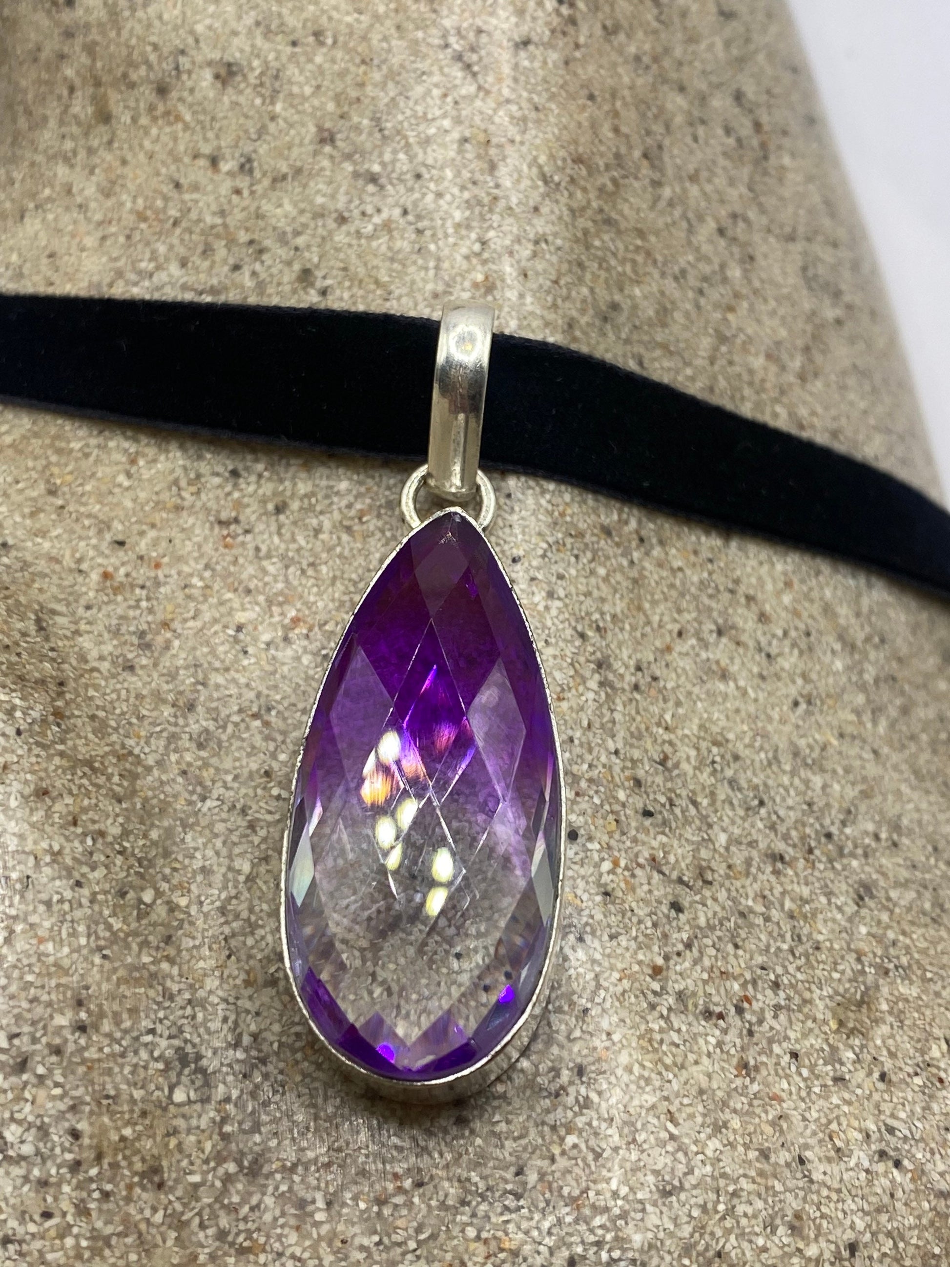 Vintage Purple Glass Choker Silver Finished Necklace