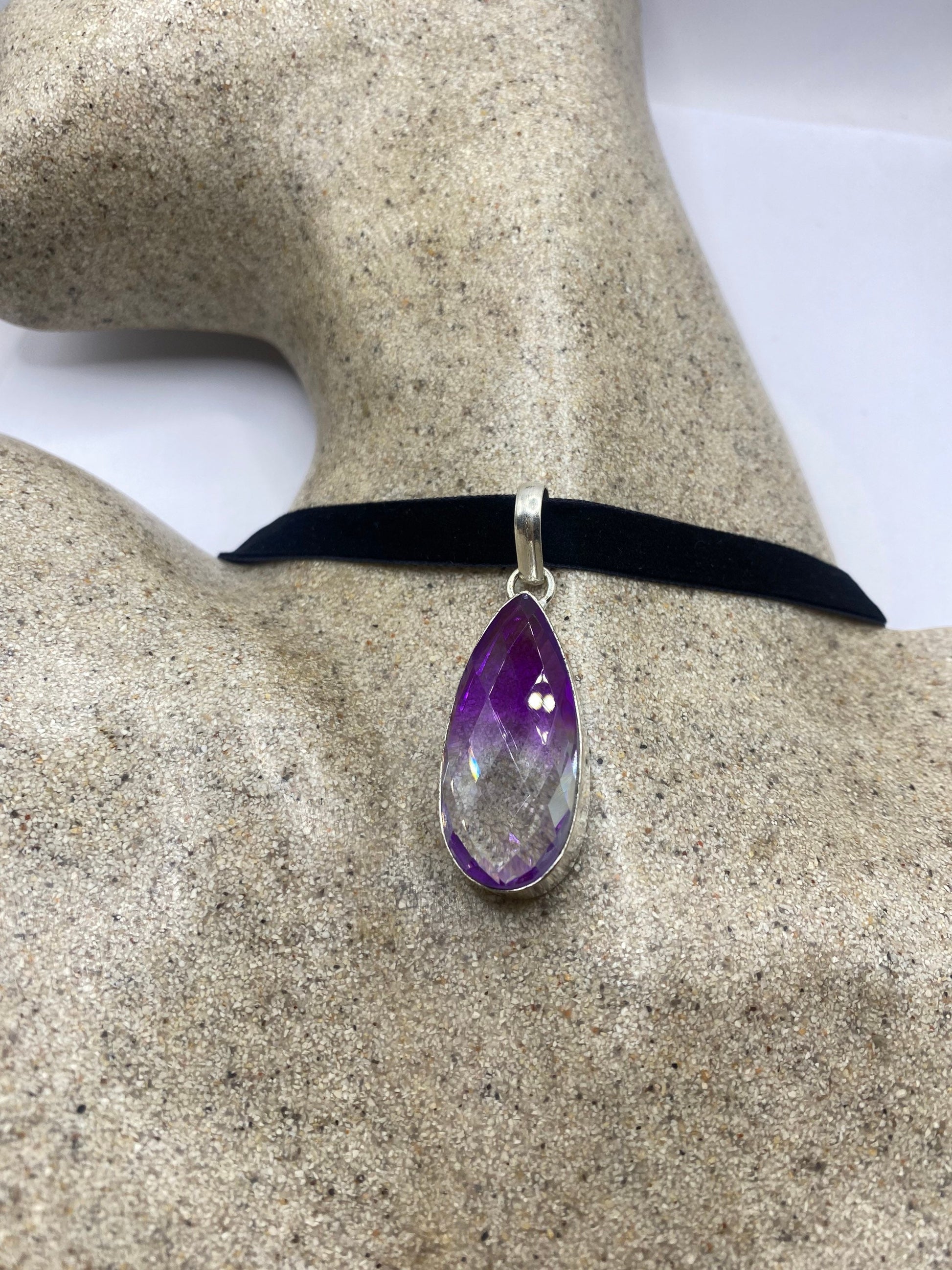 Vintage Purple Glass Choker Silver Finished Necklace