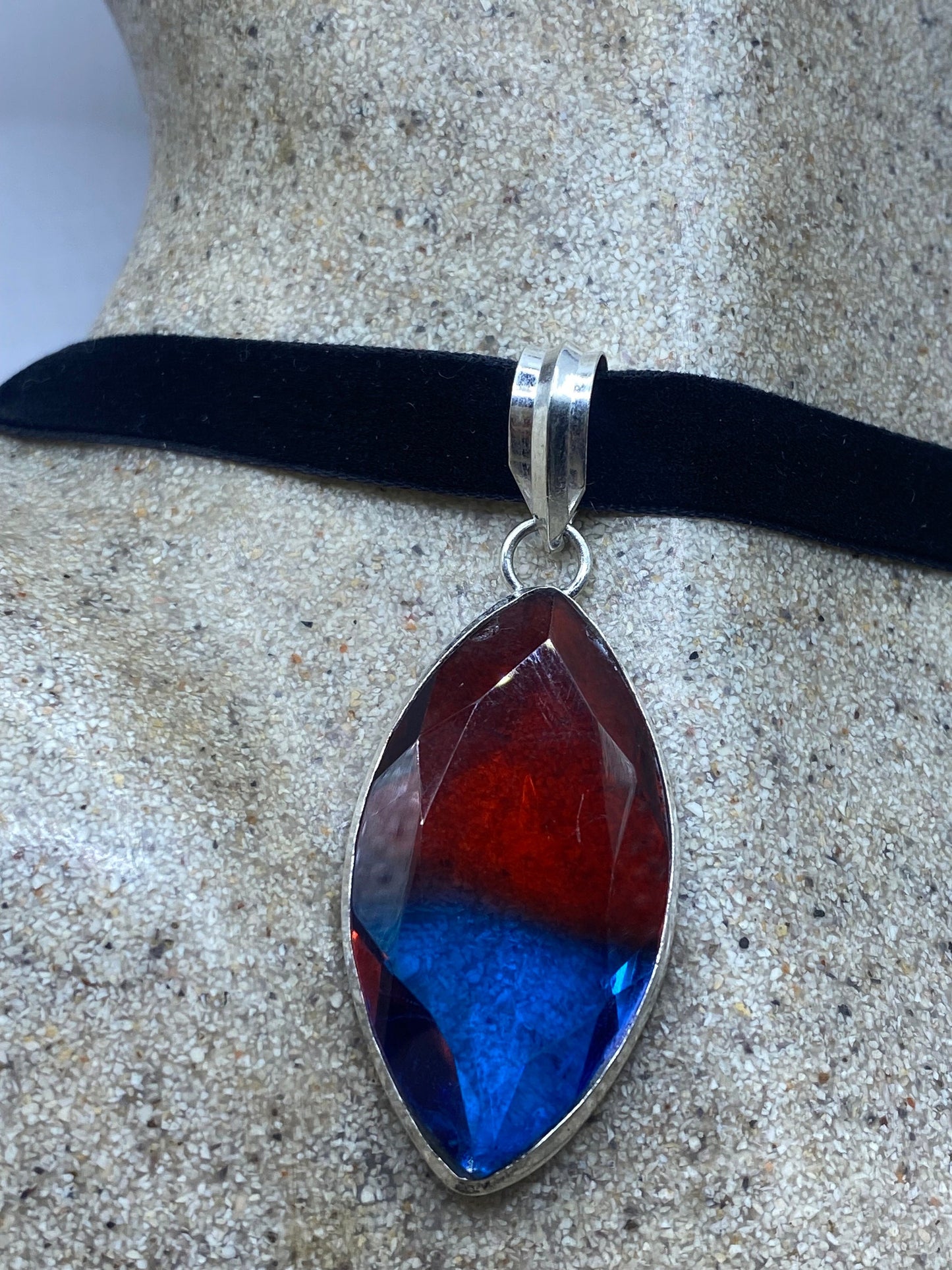 Vintage Blue Red Glass Choker Silver Finished Necklace
