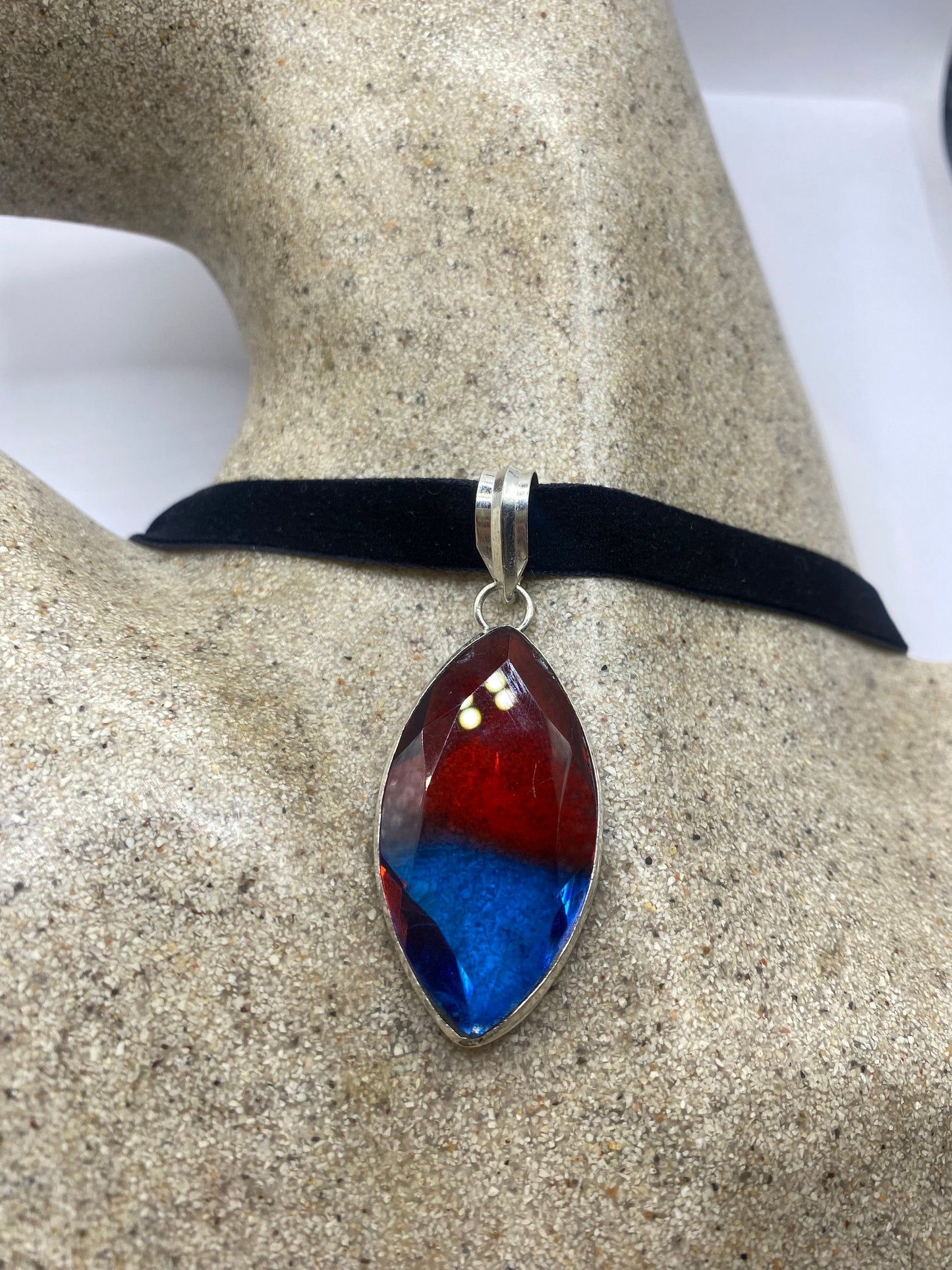 Vintage Blue Red Glass Choker Silver Finished Necklace