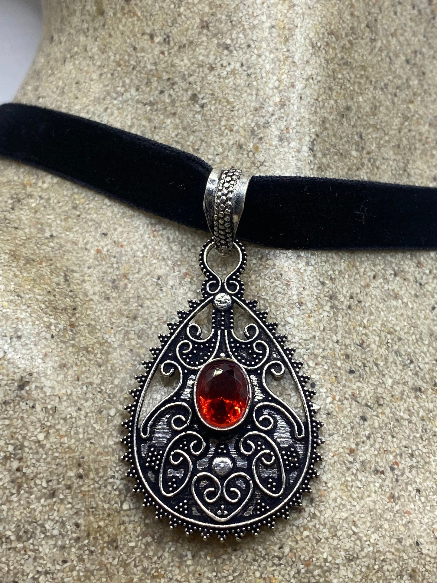 Vintage Red Glass Choker Silver Finished Necklace