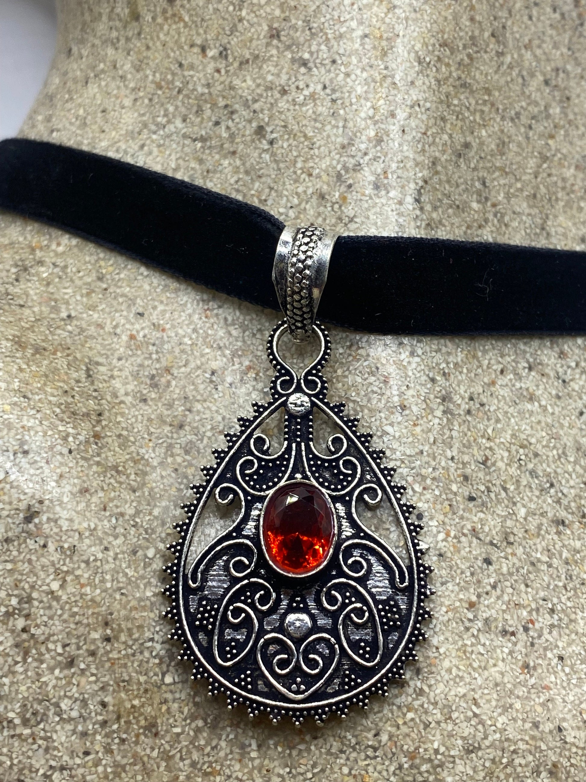 Vintage Red Glass Choker Silver Finished Necklace