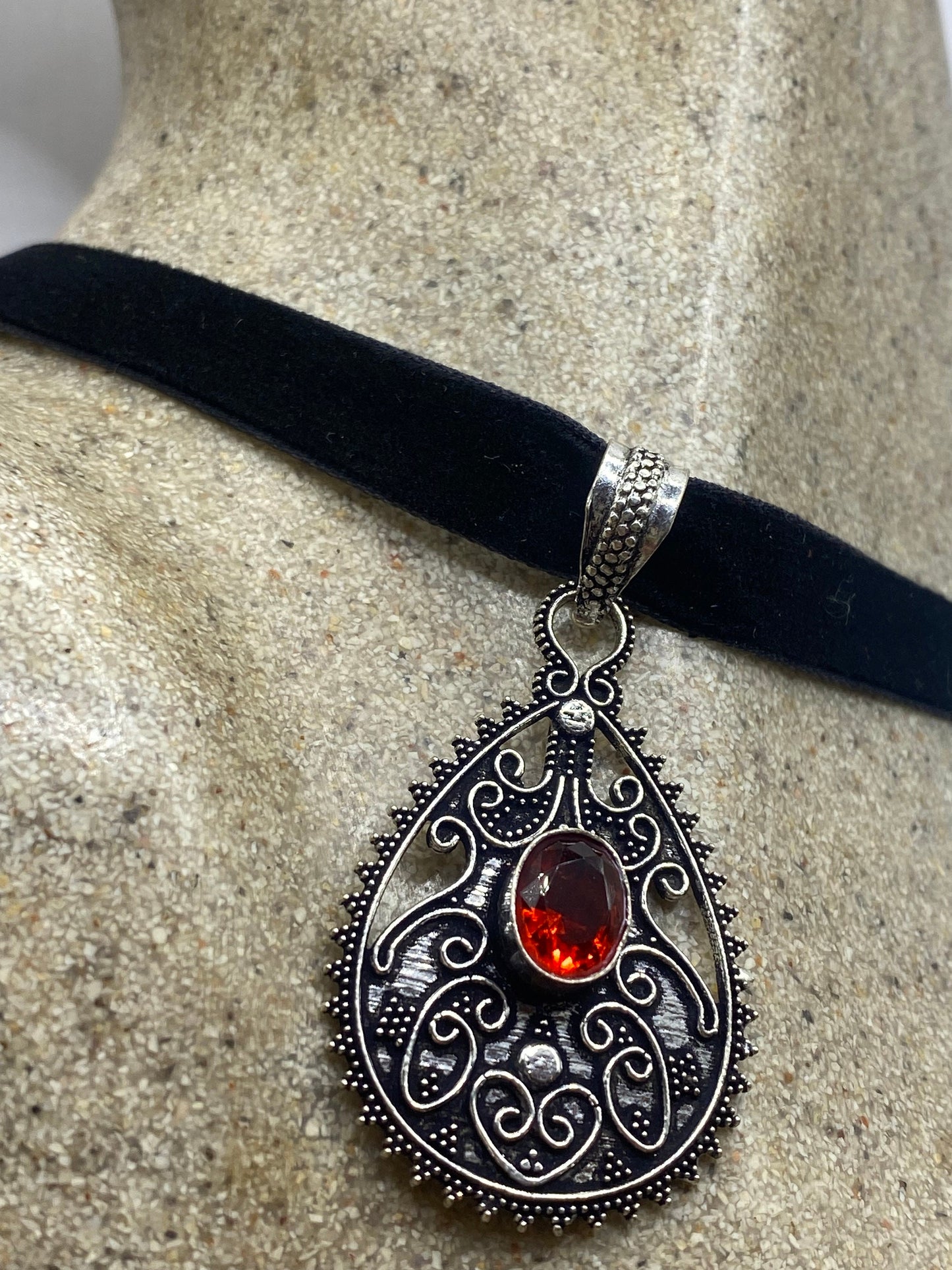 Vintage Red Glass Choker Silver Finished Necklace