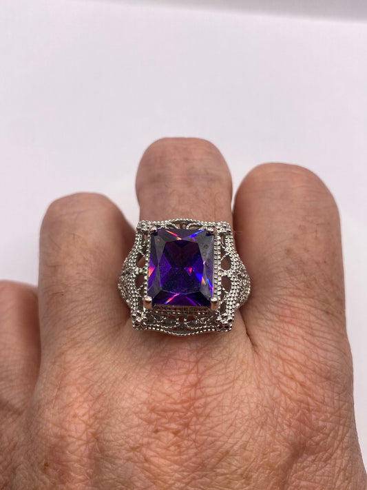 Vintage purple Crystal Amethyst Filigree setting 925 Sterling Silver gothic Ring Size 9