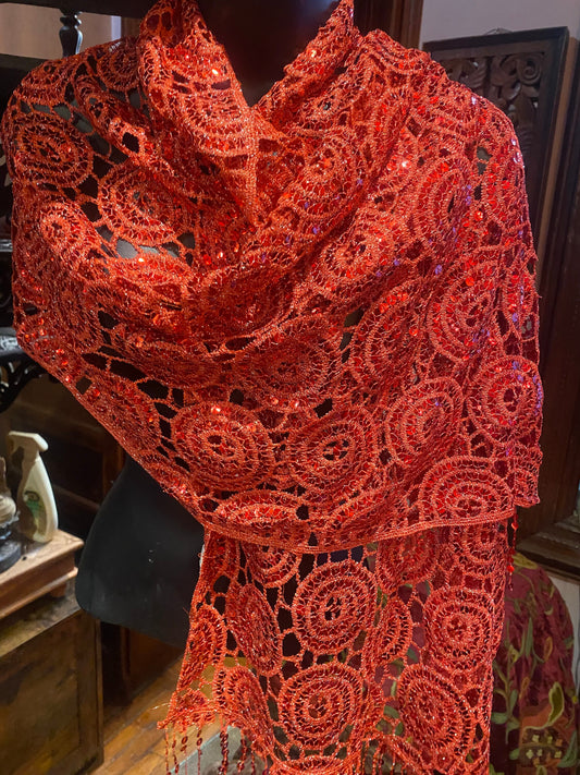 Vintage Styled Sheer Red Flower Sequined Embroidered Wrap Shawl