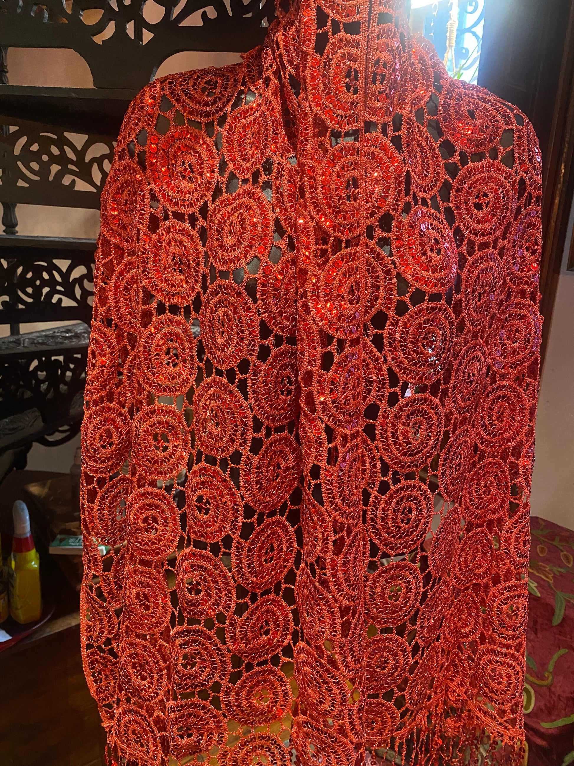 Vintage Styled Sheer Red Flower Sequined Embroidered Wrap Shawl