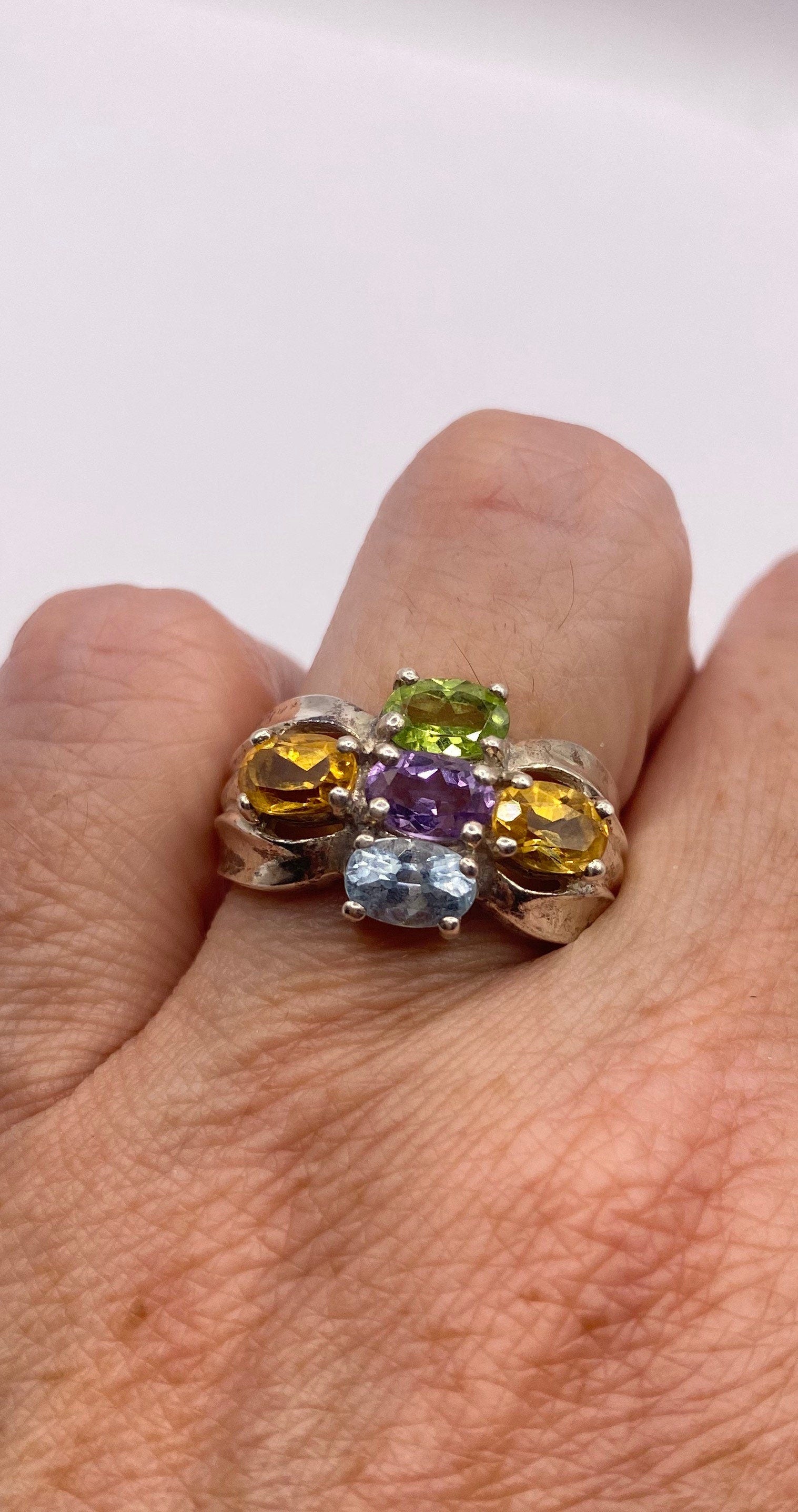 Vintage Mixed Genuine Gemstones 925 Sterling Silver Heart Cocktail Ring