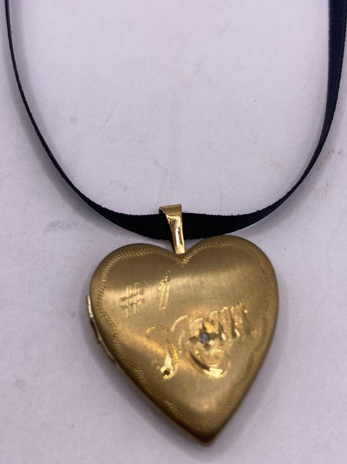 Vintage Gold Locket | Tiny Heart 9k Gold Filled Pendant Photo Memory Charm Engraved #1 Mom | Choker Necklace