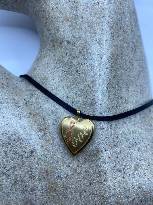 Vintage Gold Locket | Tiny Heart 9k Gold Filled Pendant Photo Memory Charm Engraved Pink Ribbon Cross Memorial | Choker Necklace