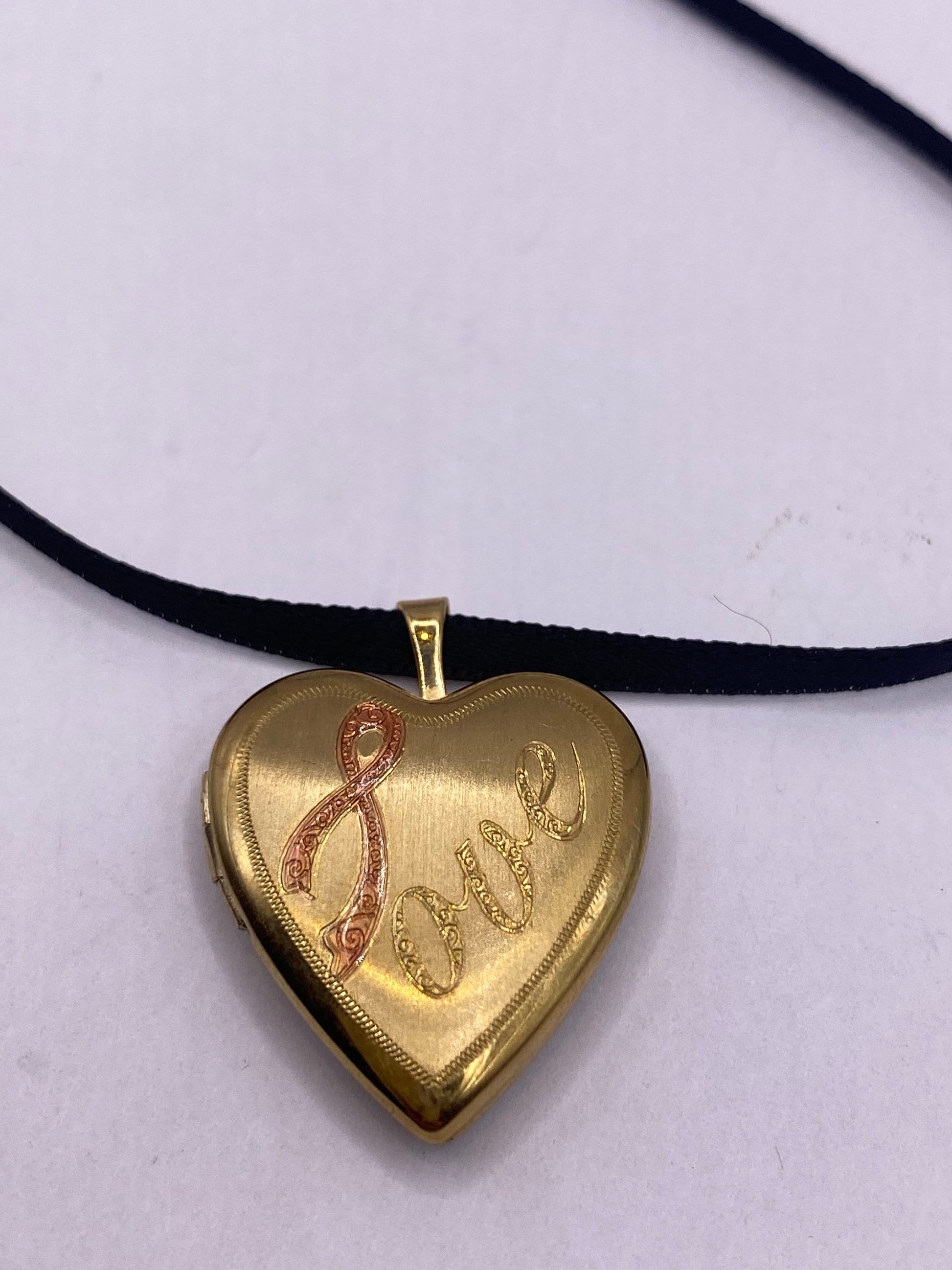 Vintage Gold Locket | Tiny Heart 9k Gold Filled Pendant Photo Memory Charm Engraved Pink Ribbon Cross Memorial | Choker Necklace