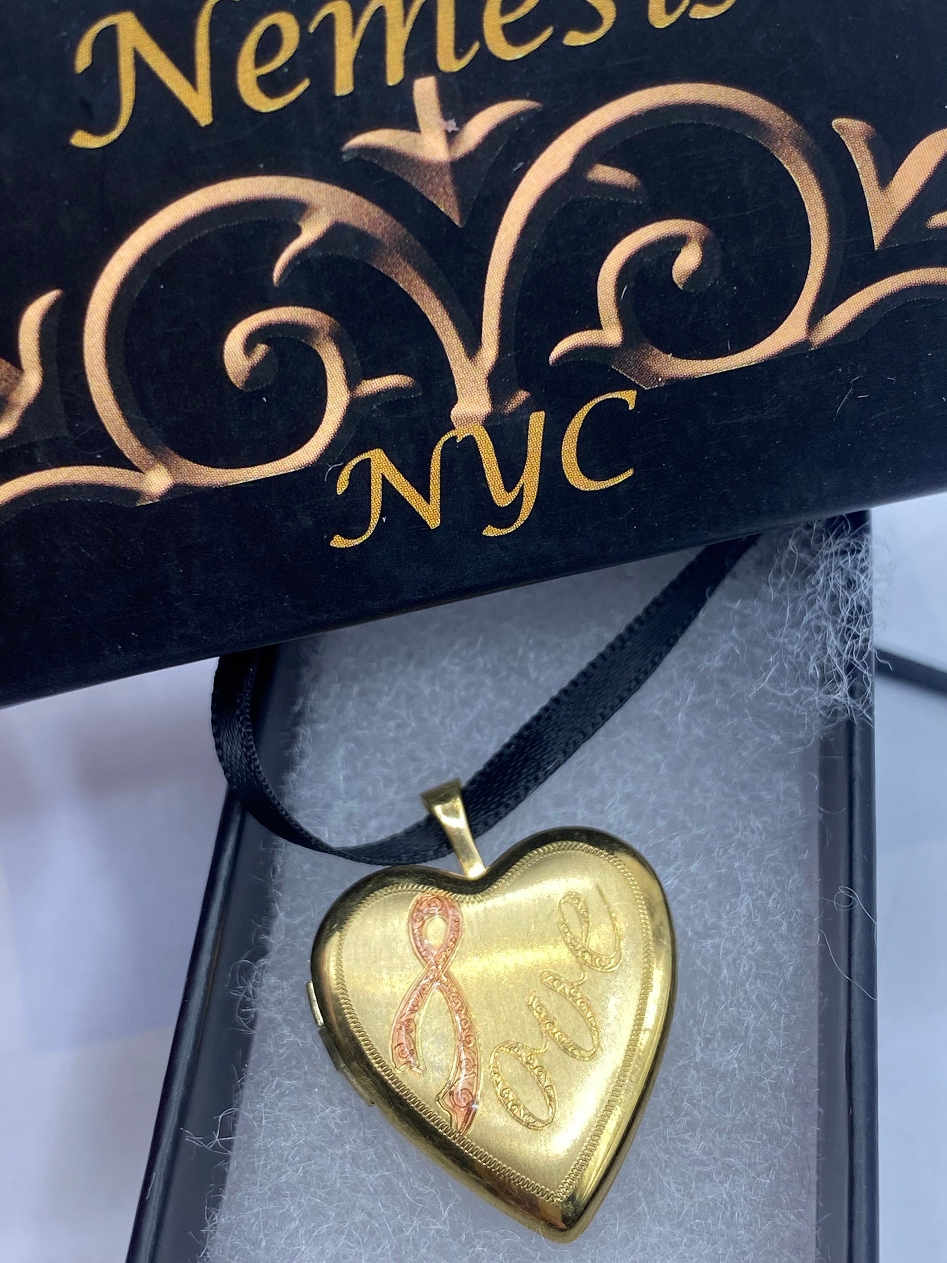 Vintage Gold Locket | Tiny Heart 9k Gold Filled Pendant Photo Memory Charm Engraved Pink Ribbon Cross Memorial | Choker Necklace