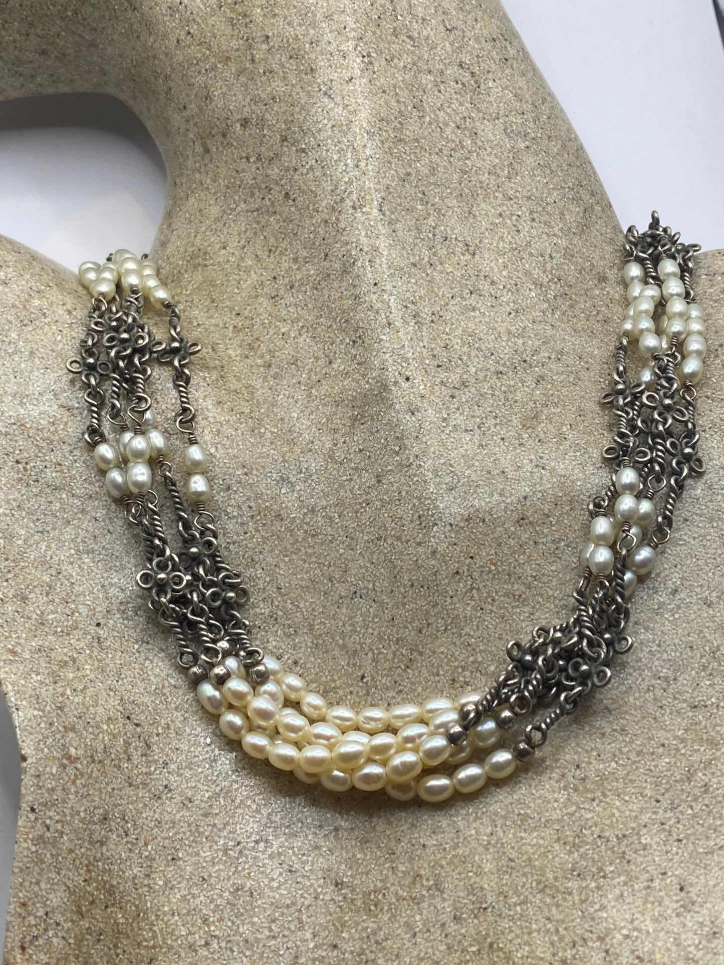 Vintage 925 Sterling Silver Pearl Toggle Choker Necklace