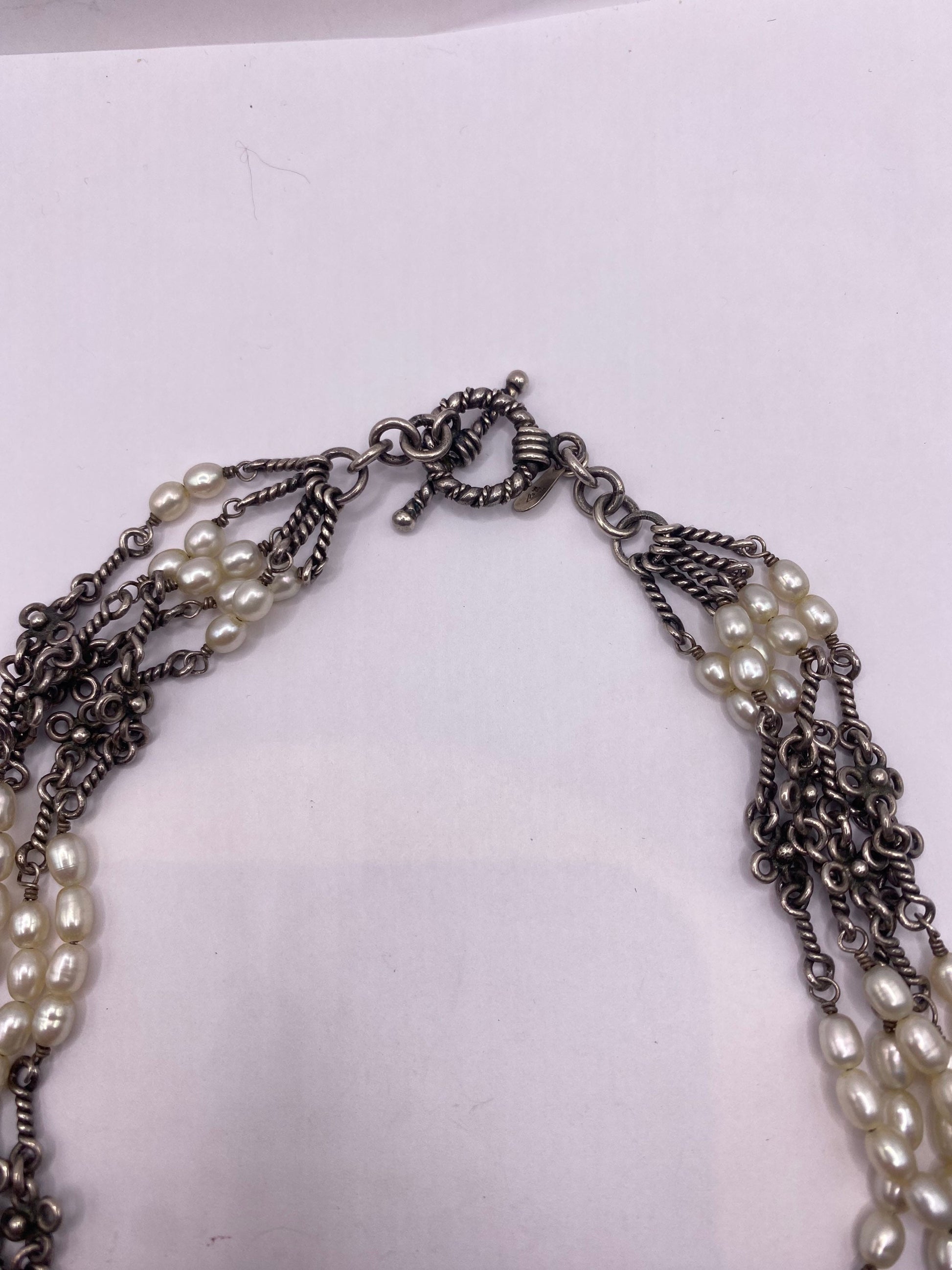 Vintage 925 Sterling Silver Pearl Toggle Choker Necklace