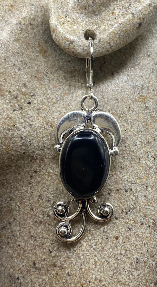 Vintage Black Onyx Earrings 925 Sterling Silver Deco Dangle Chandelier