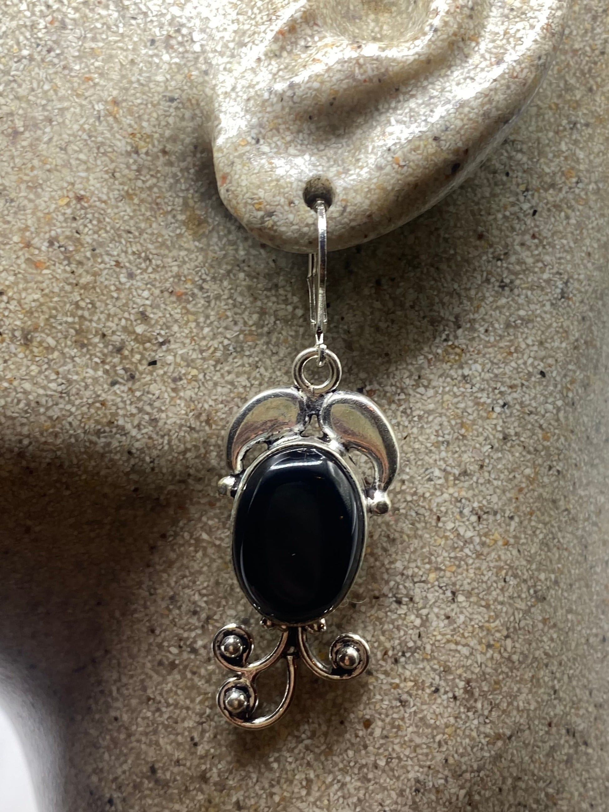Vintage Black Onyx Earrings 925 Sterling Silver Deco Dangle Chandelier