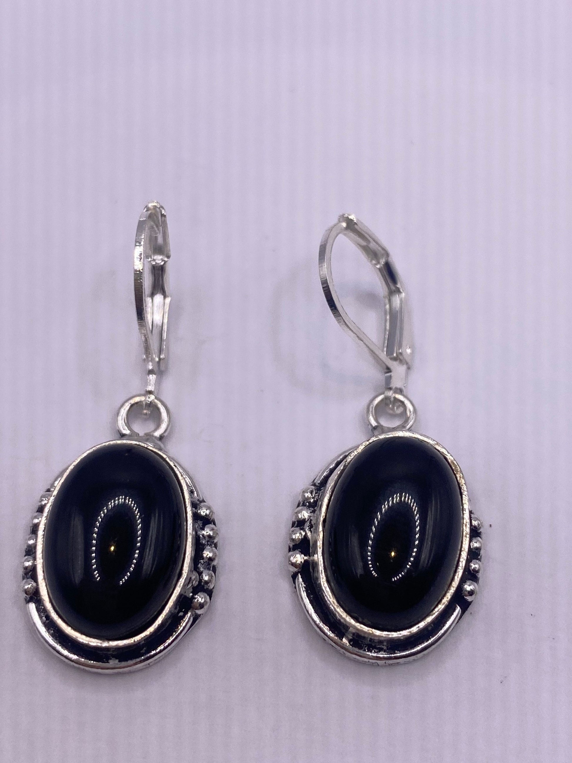 Vintage Black Onyx Earrings 925 Sterling Silver Deco Dangle Chandelier