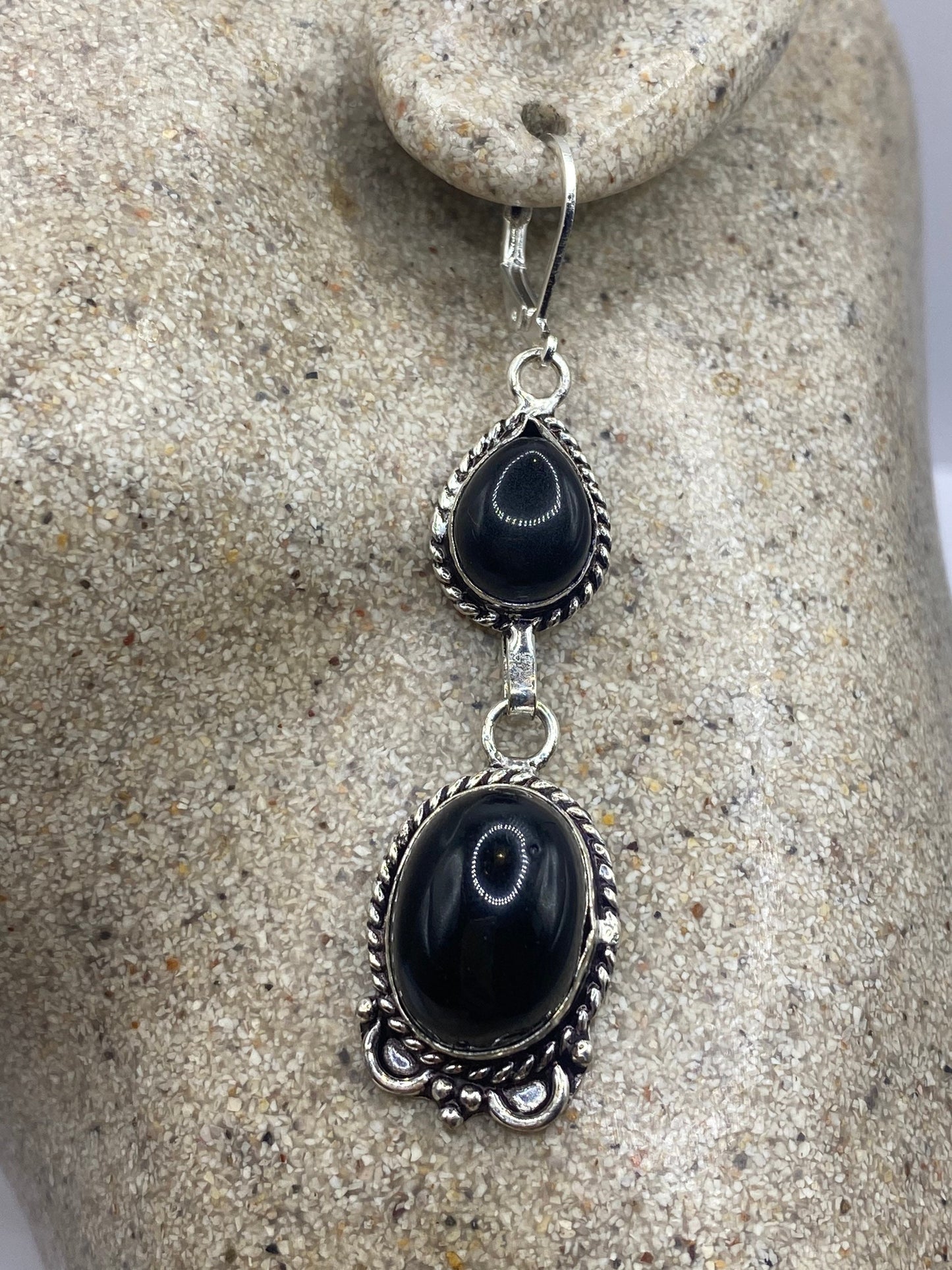 Vintage Black Onyx Earrings 925 Sterling Silver Deco Dangle Chandelier