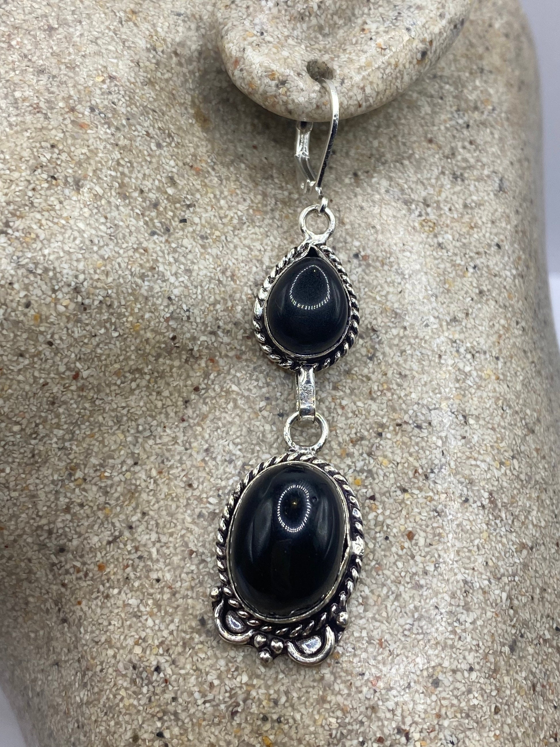 Vintage Black Onyx Earrings 925 Sterling Silver Deco Dangle Chandelier