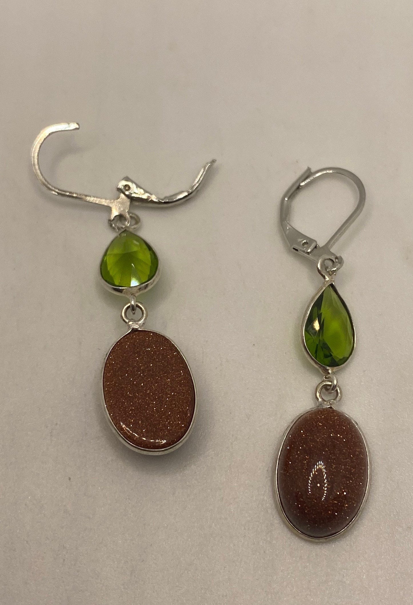 Vintage Chandelier Earrings Goldstone Peridot Silver Lever Back Dangle