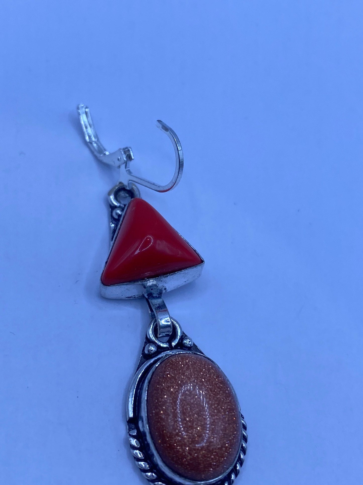 Vintage Chandelier Earrings Goldstone Red Coral Silver Lever Back Dangle