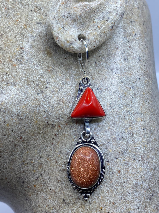 Vintage Chandelier Earrings Goldstone Red Coral Silver Lever Back Dangle