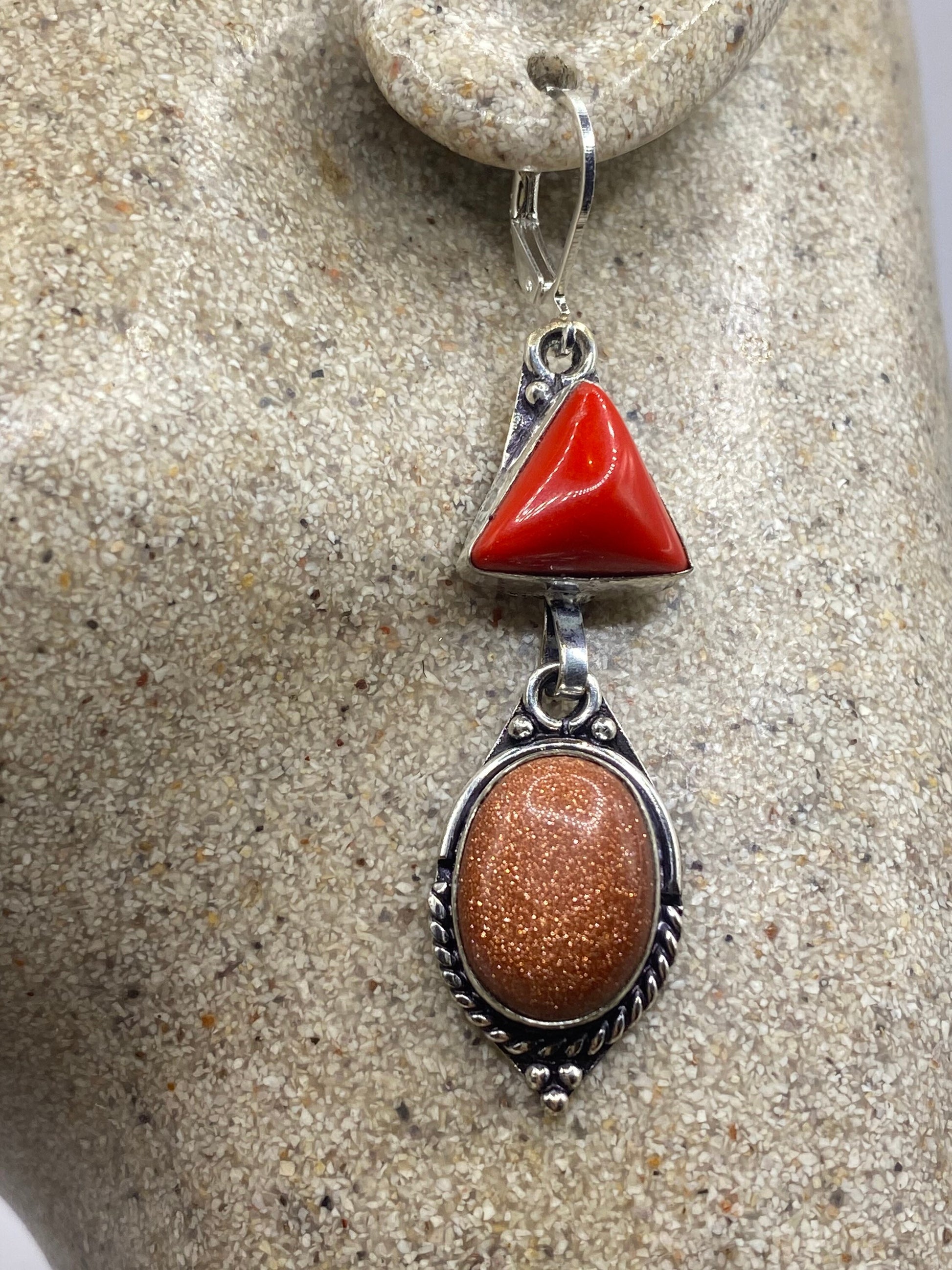 Vintage Chandelier Earrings Goldstone Red Coral Silver Lever Back Dangle