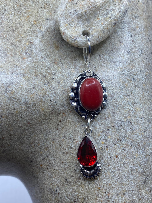 Vintage Red Coral Ruby Glass Earrings 925 Sterling Silver Leverback