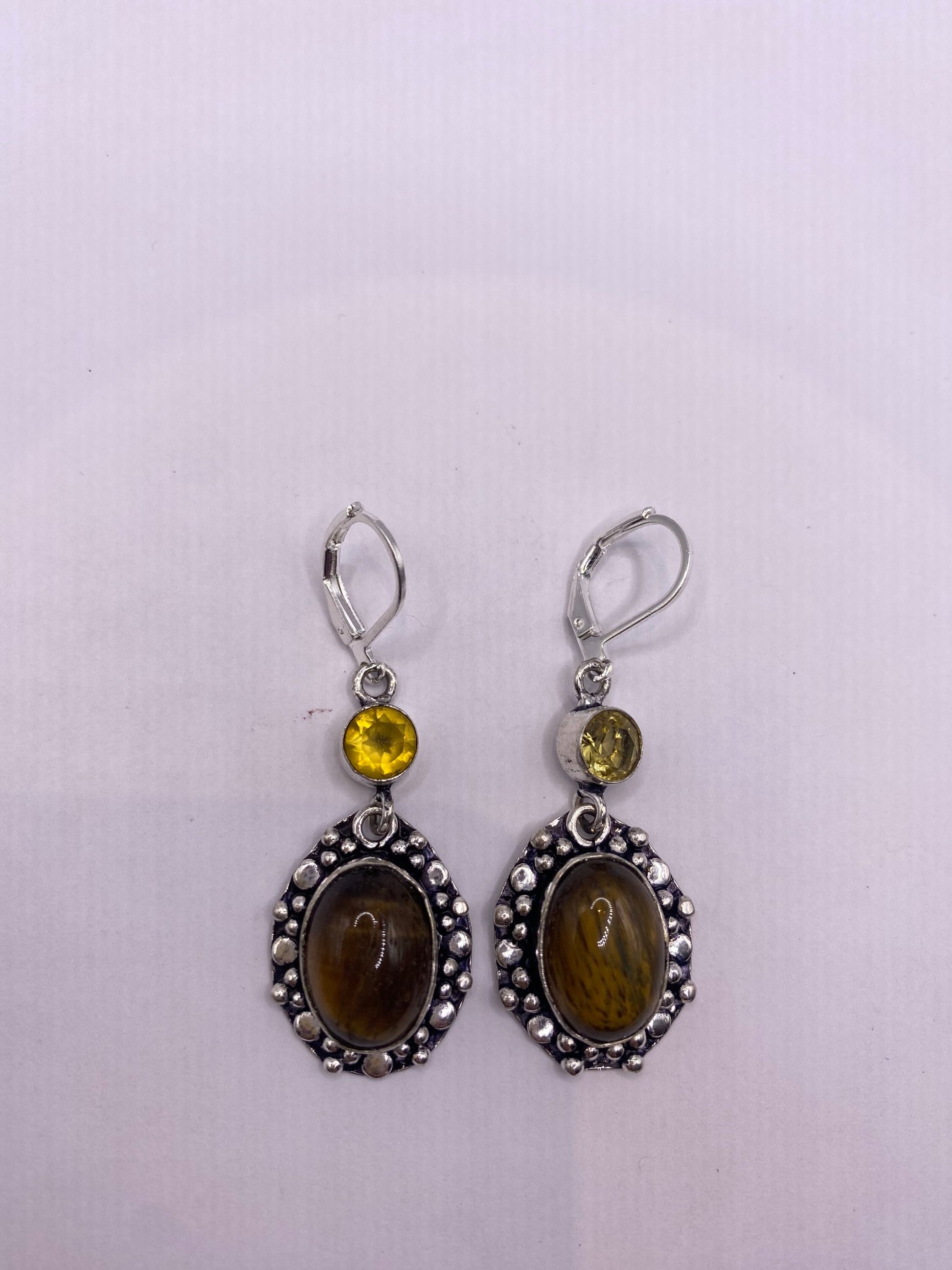 Vintage Tigers Eye Dangle Earrings 925 Sterling Silver Lever Backs