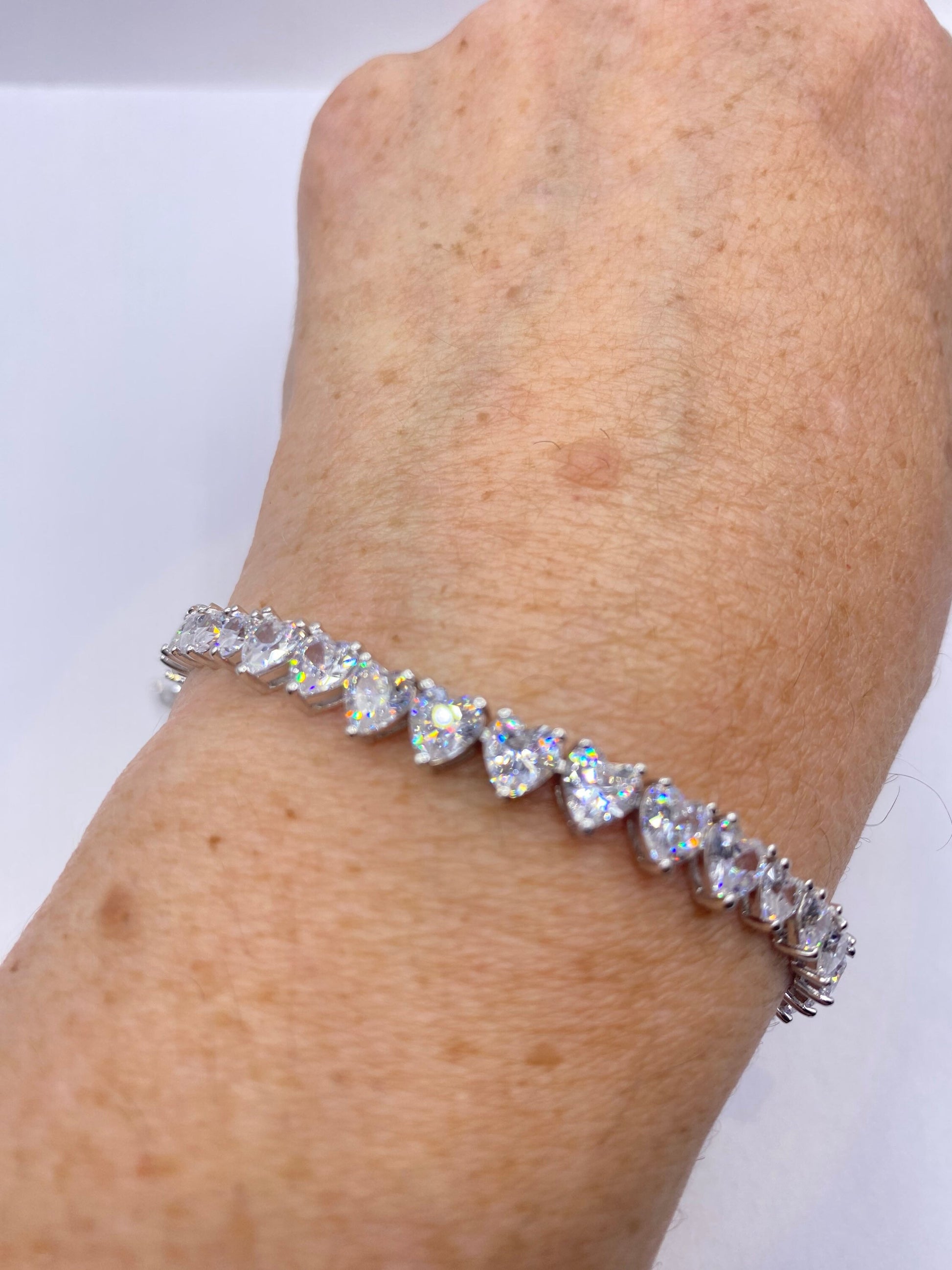 Vintage Cubic Zirconia Heart Bracelet Sterling Silver Tennis