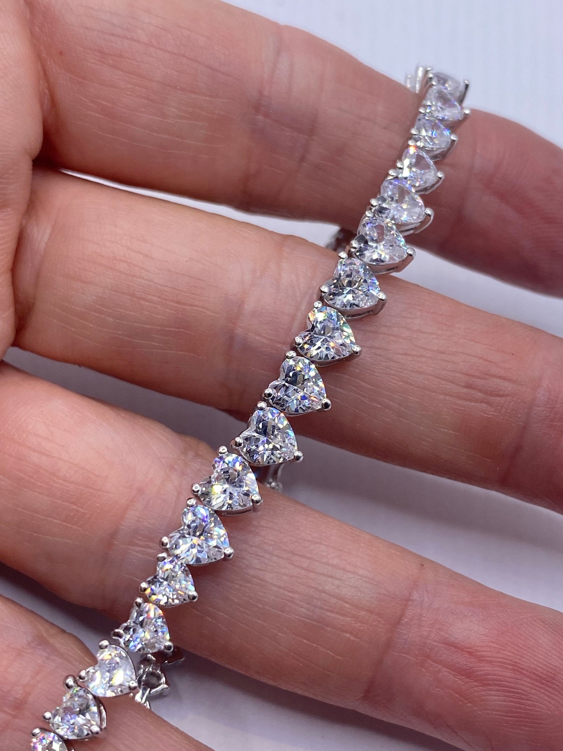 Vintage Cubic Zirconia Heart Bracelet Sterling Silver Tennis