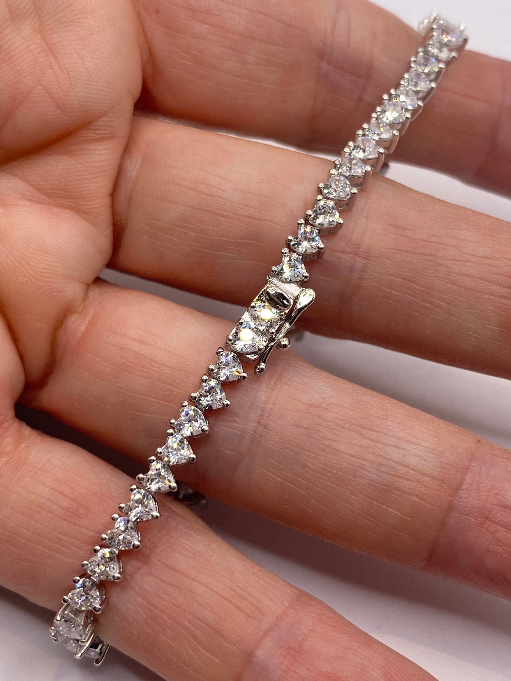 Vintage Cubic Zirconia Heart Bracelet Sterling Silver Tennis