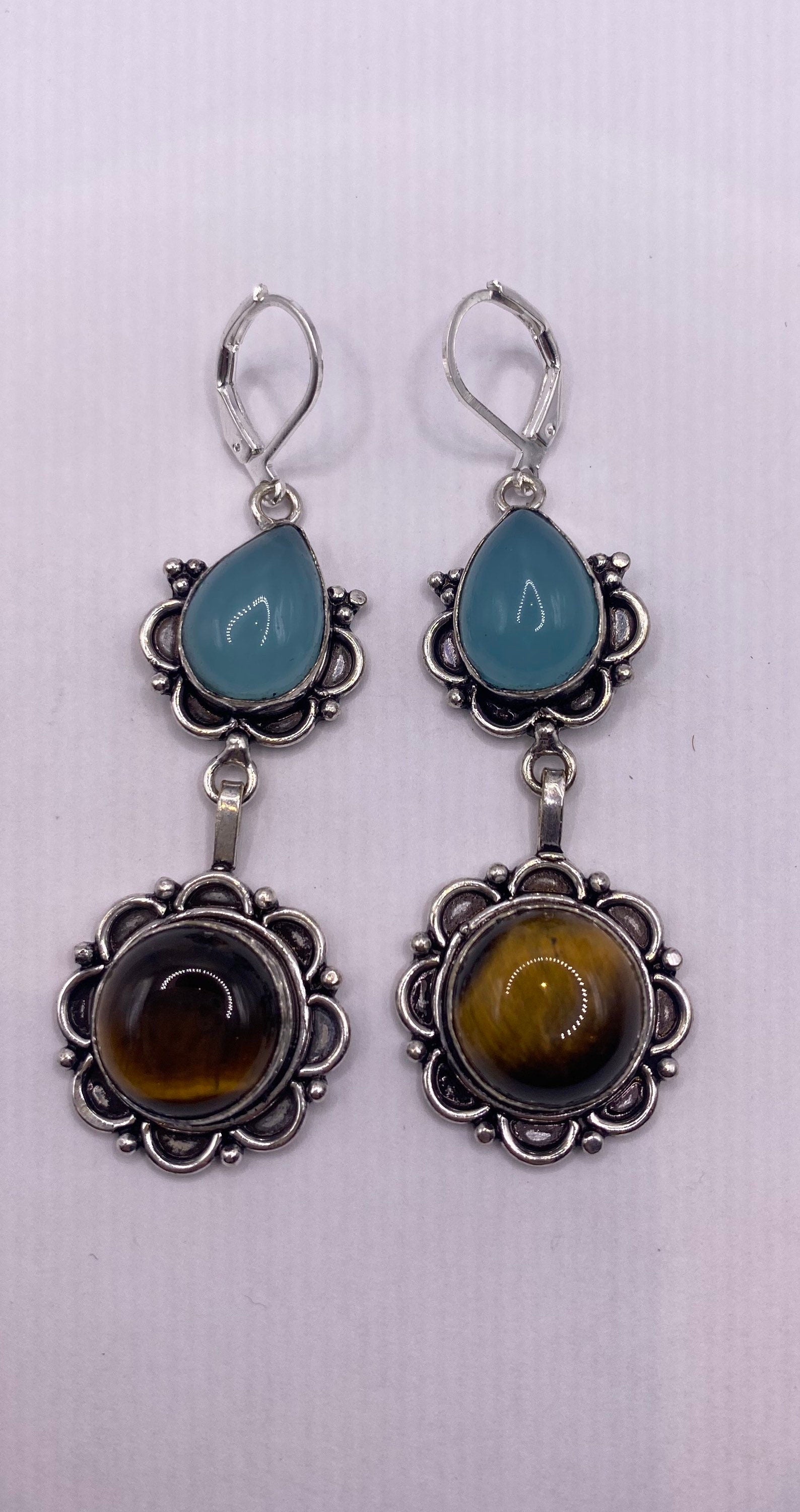 Vintage Tigers Eye Blue Chalcedony Dangle Earrings 925 Sterling Silver Lever Backs