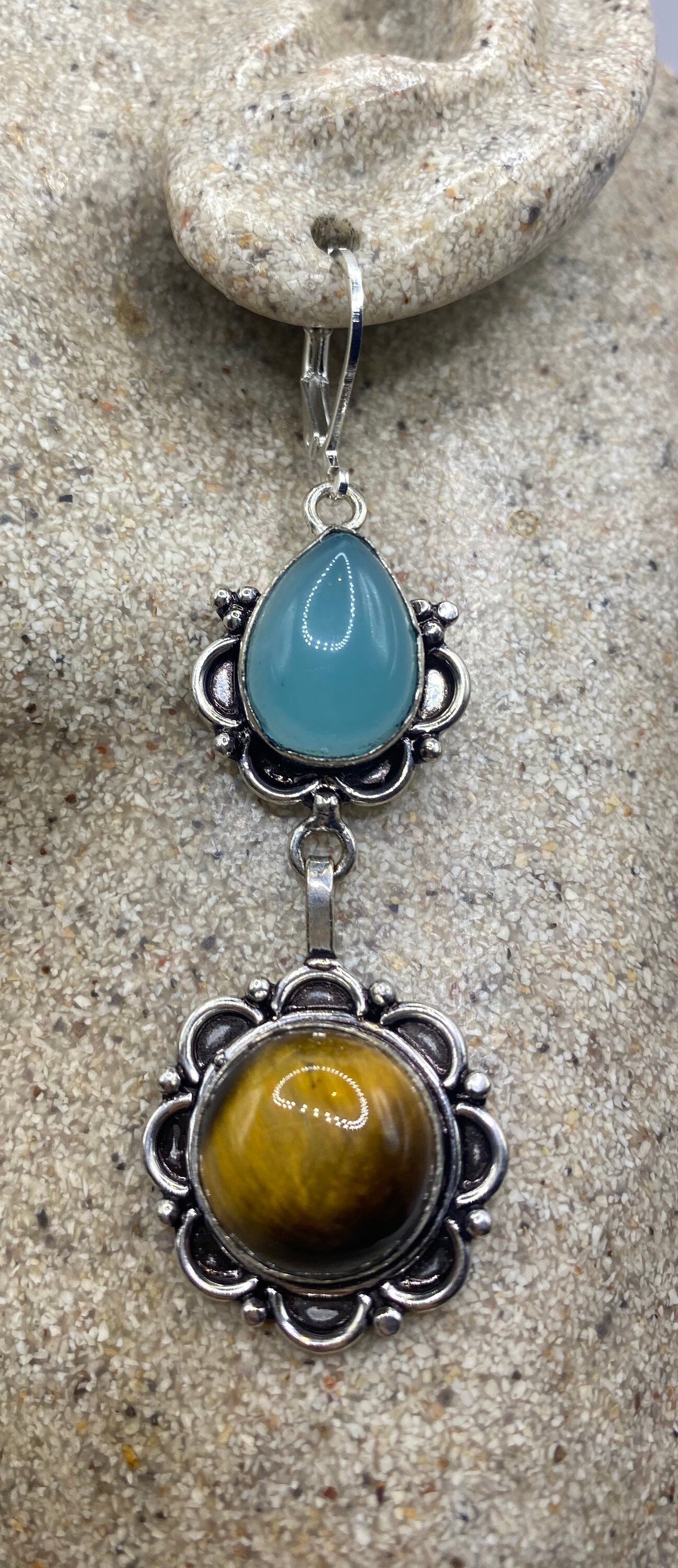 Vintage Tigers Eye Blue Chalcedony Dangle Earrings 925 Sterling Silver Lever Backs