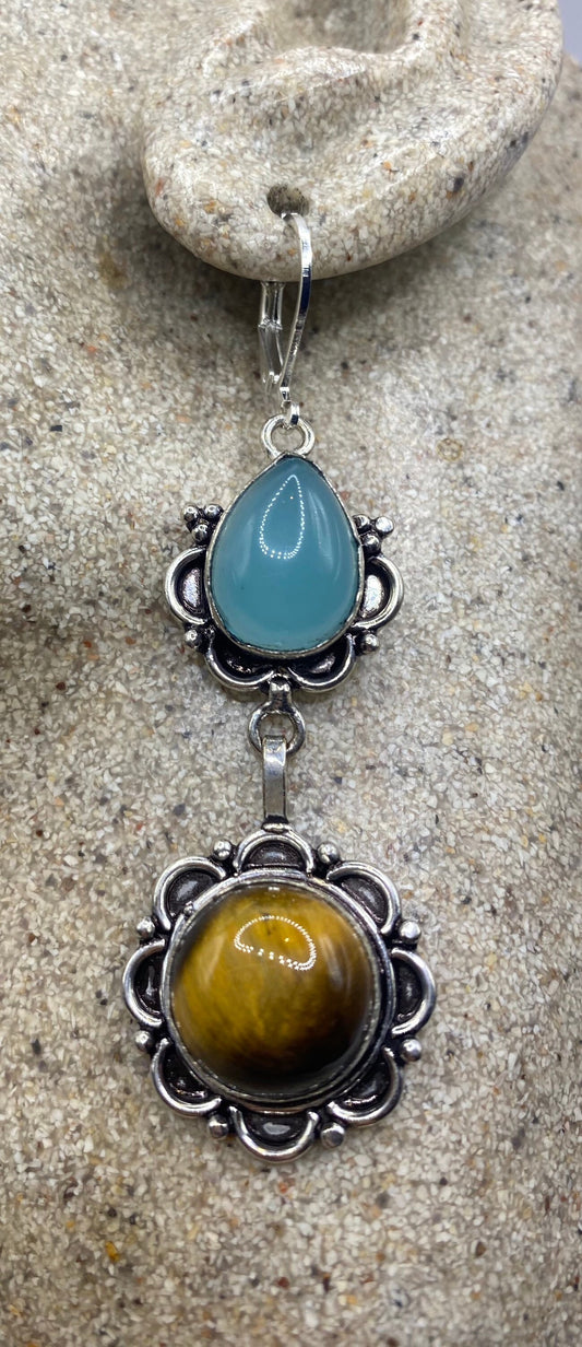 Vintage Tigers Eye Blue Chalcedony Dangle Earrings 925 Sterling Silver Lever Backs