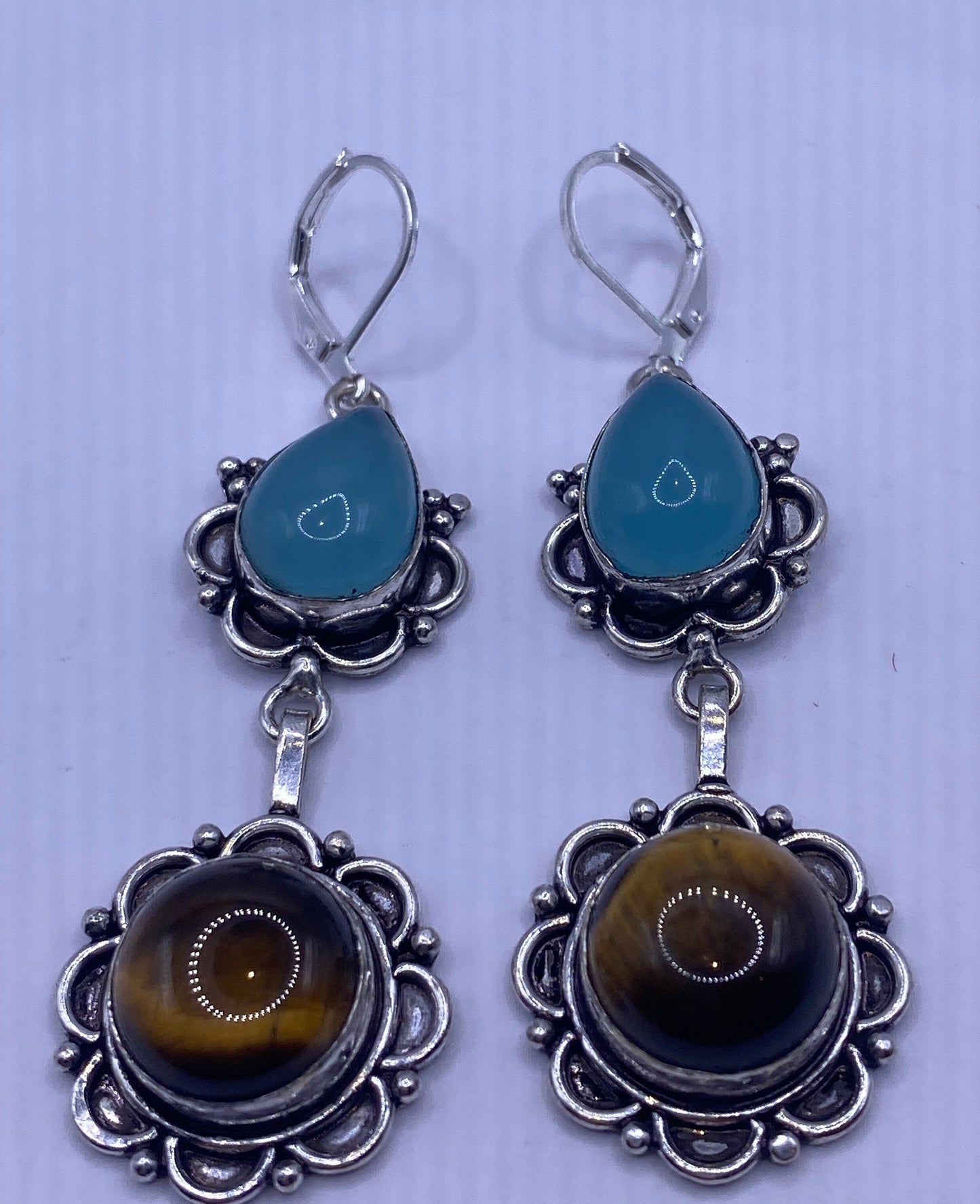 Vintage Tigers Eye Blue Chalcedony Dangle Earrings 925 Sterling Silver Lever Backs