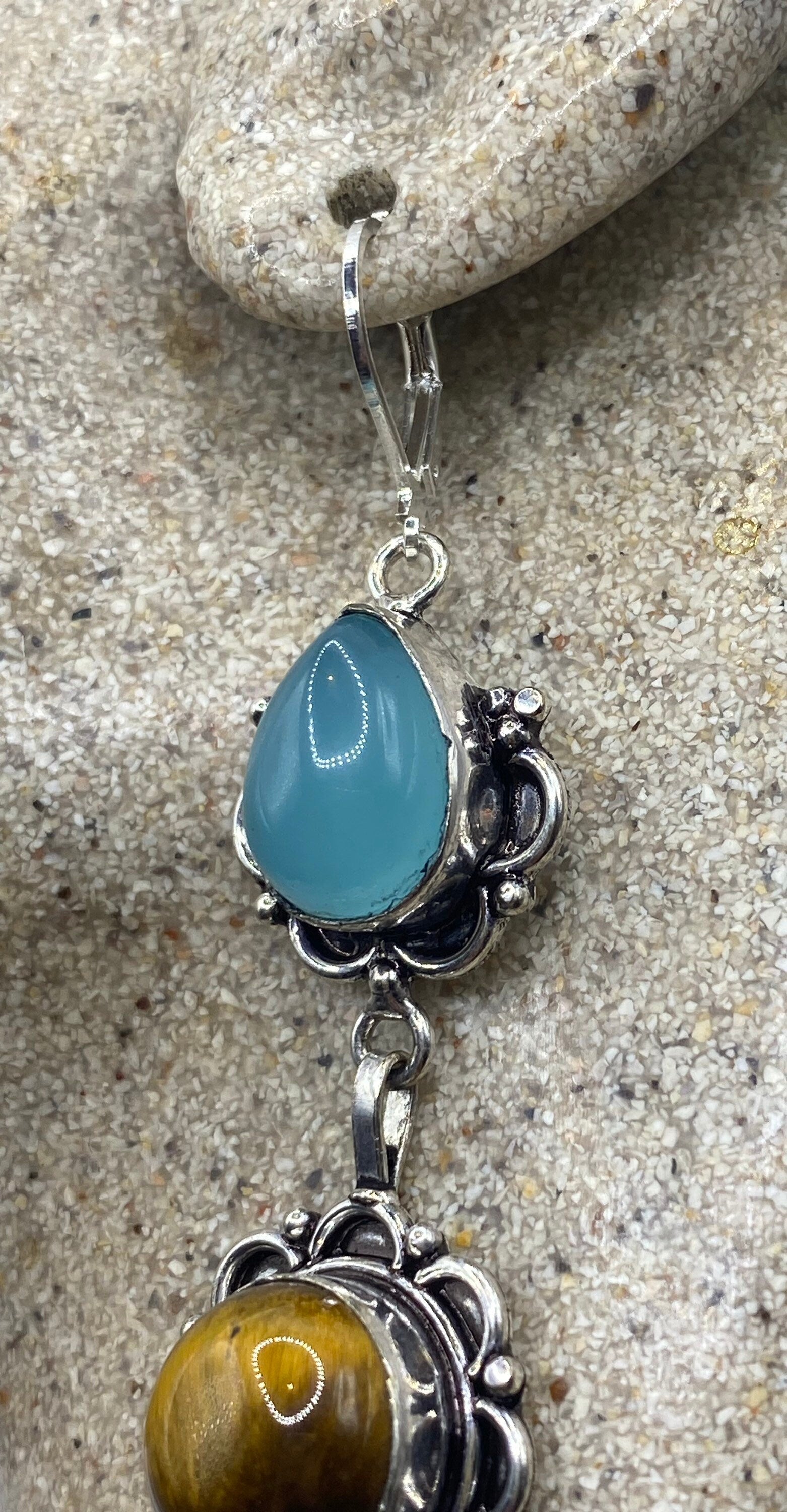 Vintage Tigers Eye Blue Chalcedony Dangle Earrings 925 Sterling Silver Lever Backs