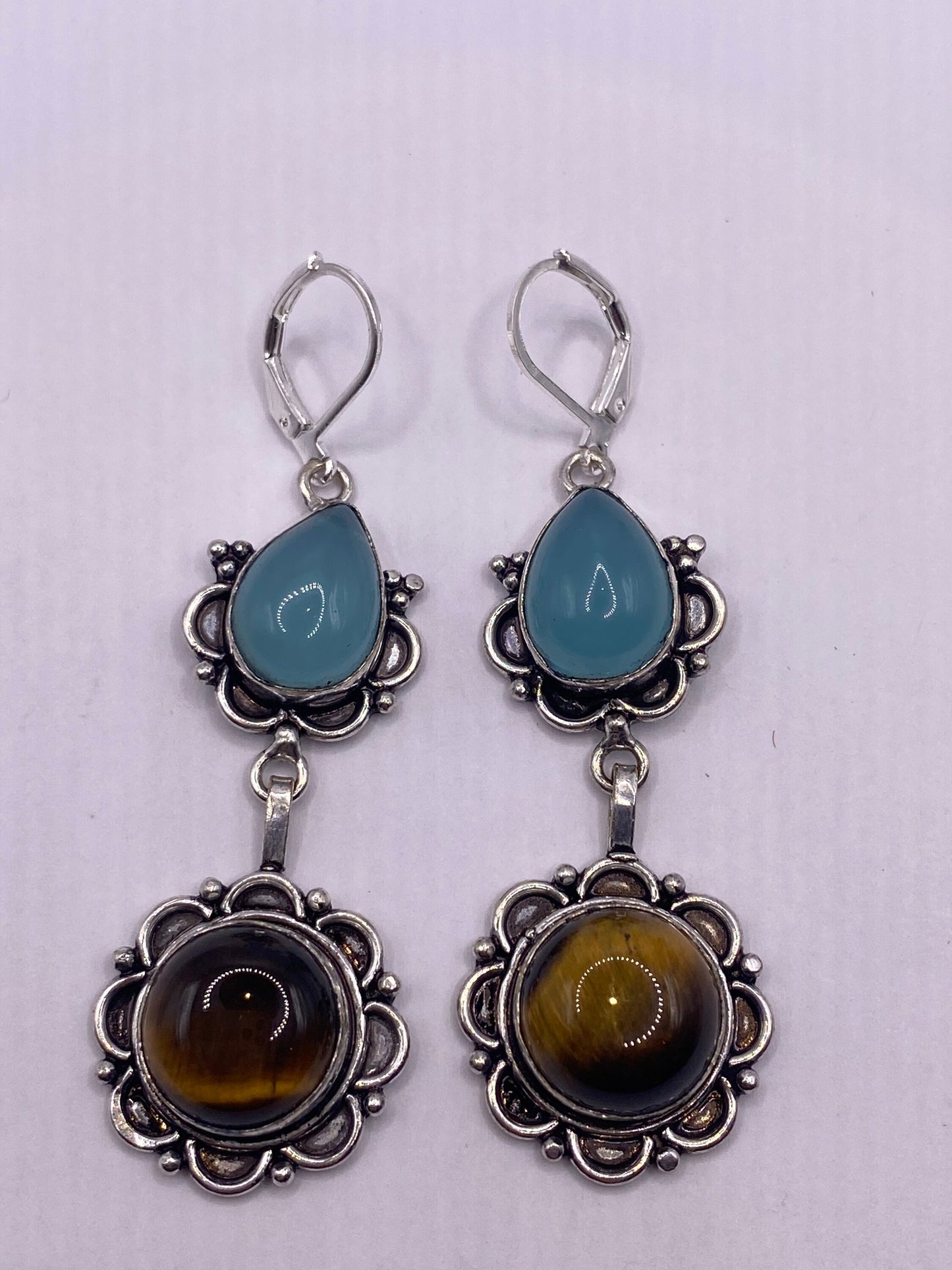 Vintage Tigers Eye Blue Chalcedony Dangle Earrings 925 Sterling Silver Lever Backs