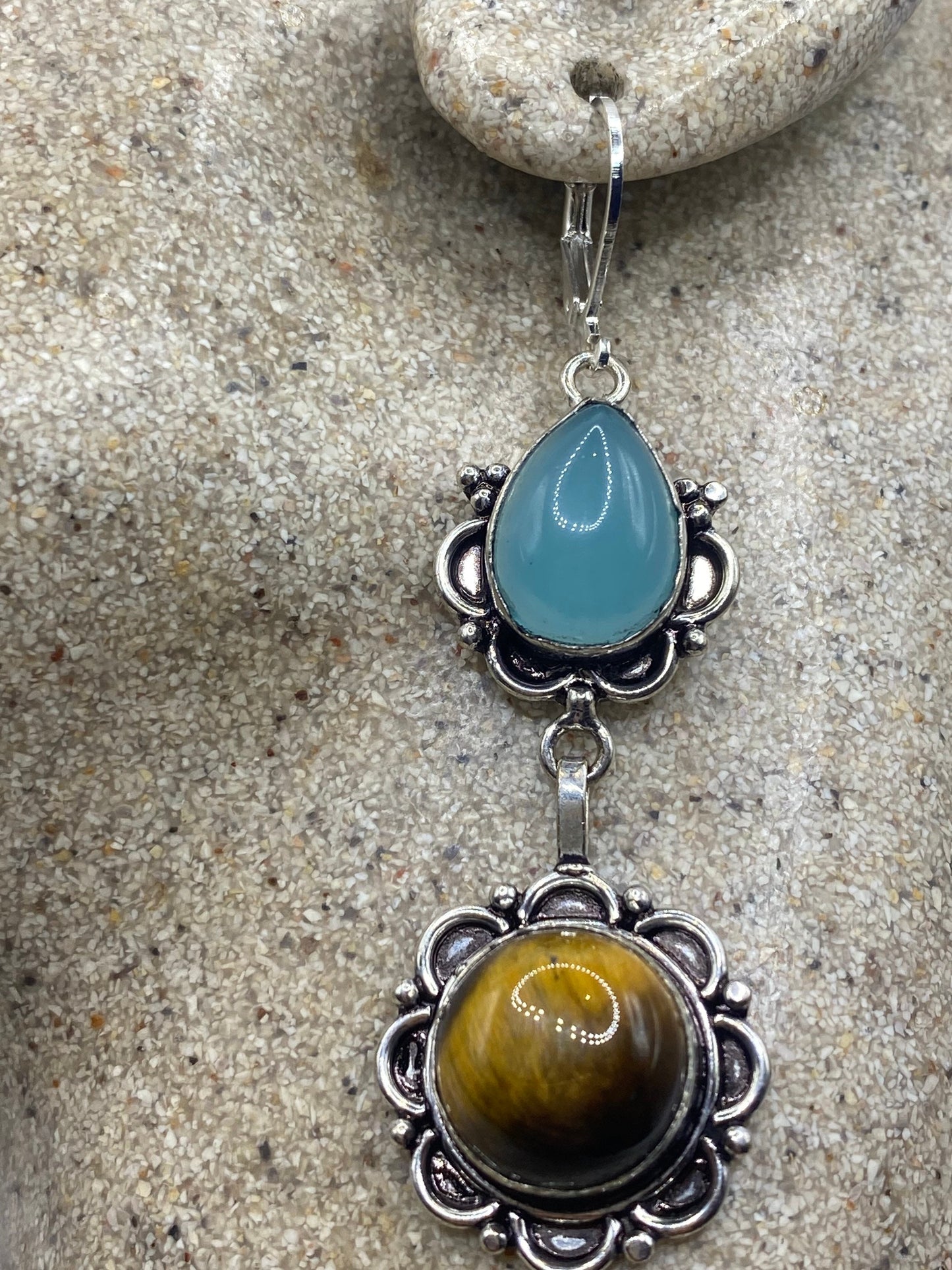 Vintage Tigers Eye Blue Chalcedony Dangle Earrings 925 Sterling Silver Lever Backs