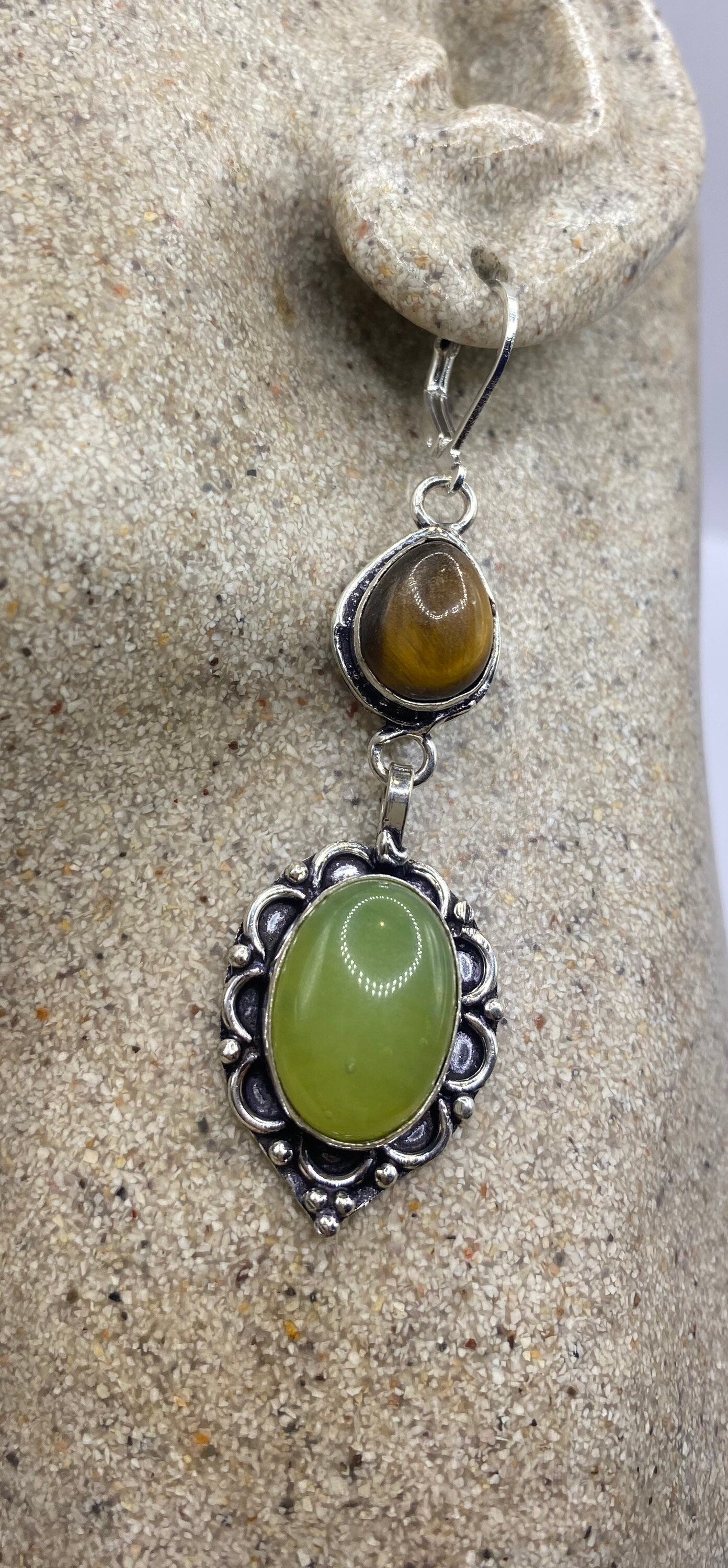 Vintage Tigers Eye Green Chalcedony Dangle Earrings 925 Sterling Silver Lever Backs