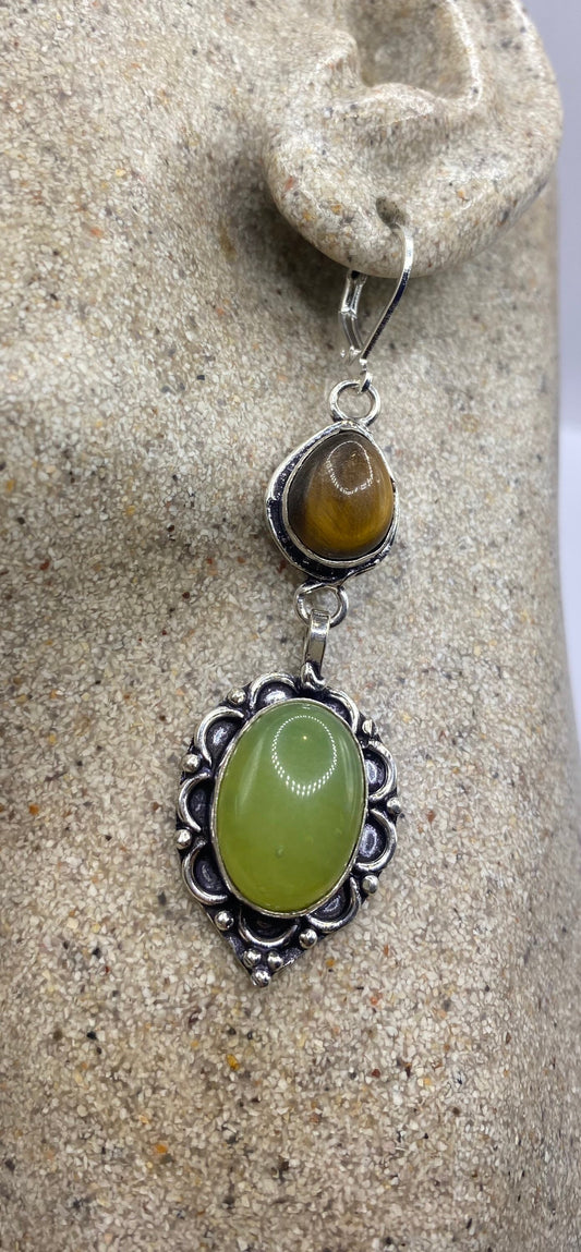 Vintage Tigers Eye Green Chalcedony Dangle Earrings 925 Sterling Silver Lever Backs