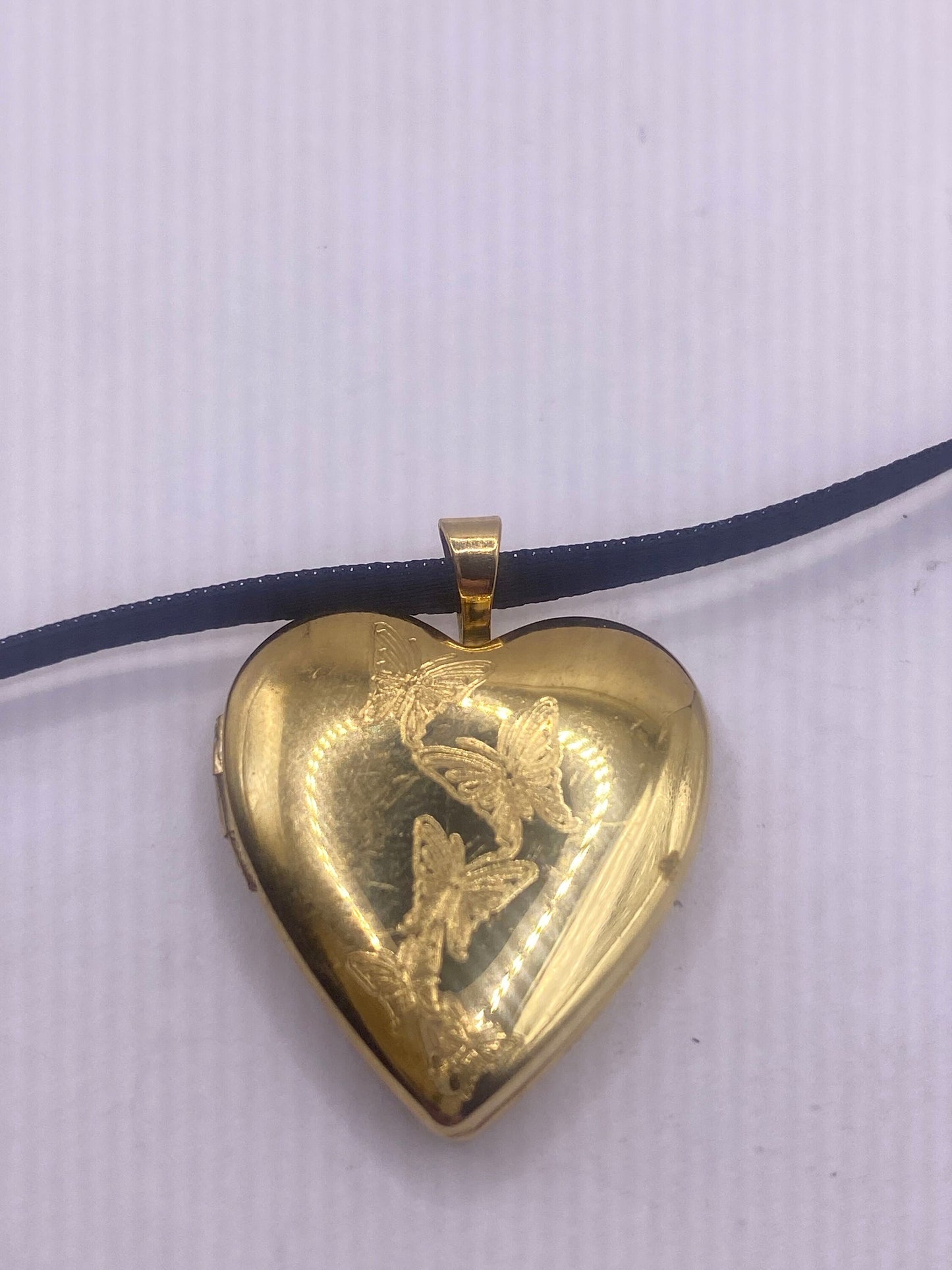 Vintage Gold Locket | Tiny Heart 9k Gold Filled Pendant Photo Memory Charm Engraved Butterfly | Choker Necklace