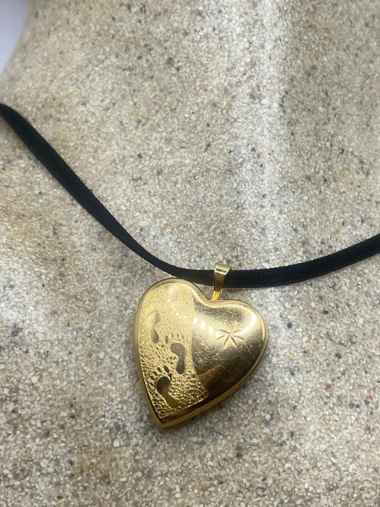 Vintage Gold Locket | Tiny Heart 9k Gold Filled Pendant Photo Memory Charm Engraved Footsteps | Choker Necklace