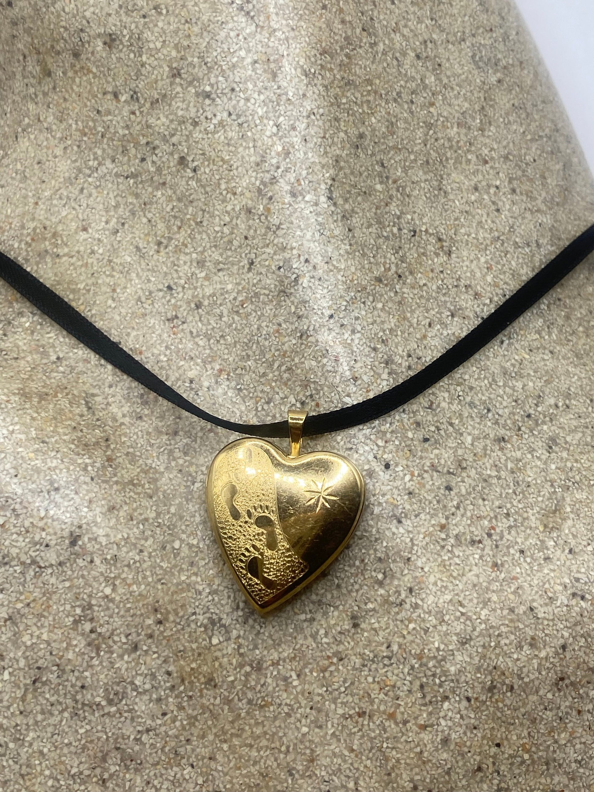 Vintage Gold Locket | Tiny Heart 9k Gold Filled Pendant Photo Memory Charm Engraved Footsteps | Choker Necklace