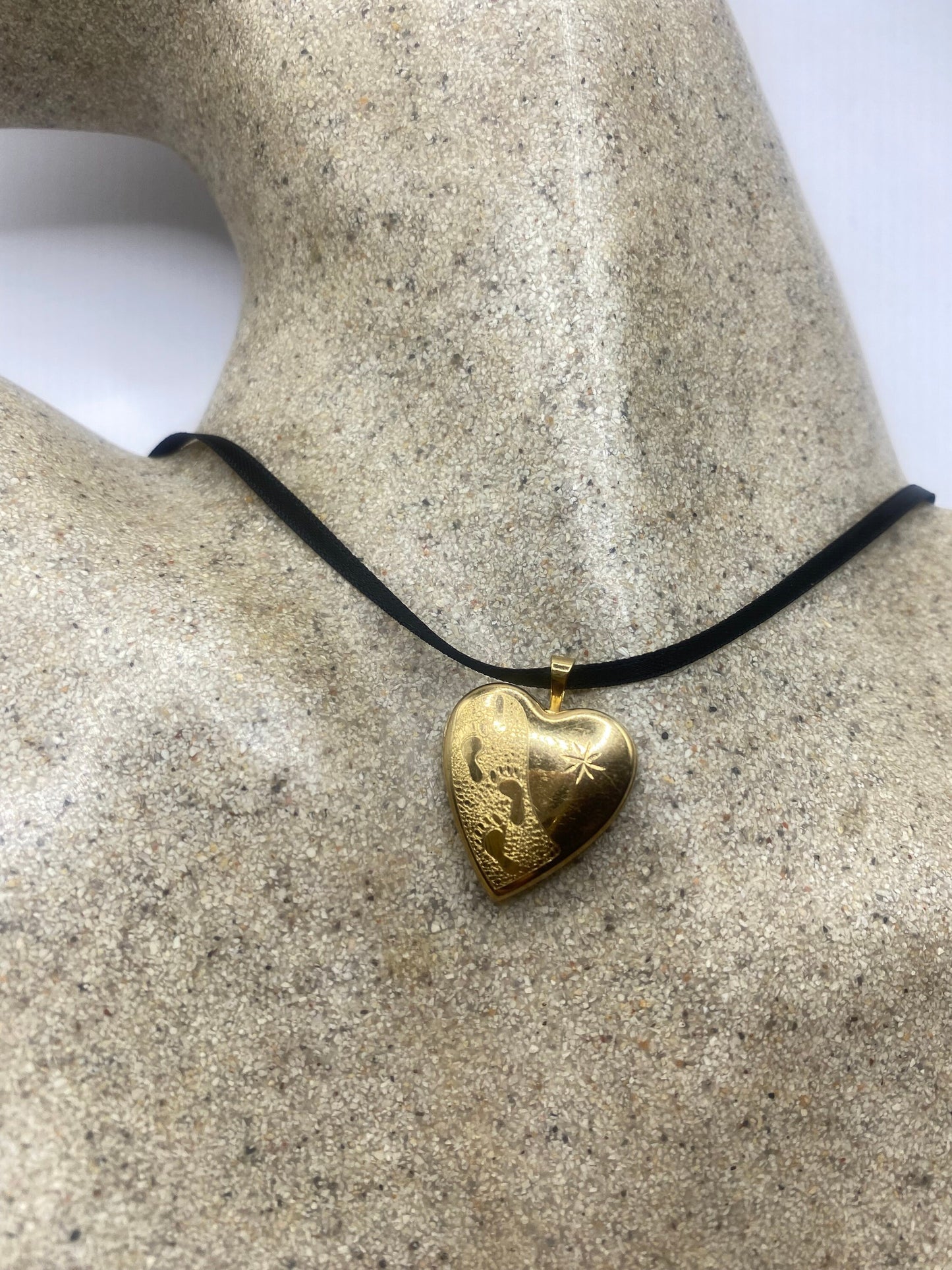 Vintage Gold Locket | Tiny Heart 9k Gold Filled Pendant Photo Memory Charm Engraved Footsteps | Choker Necklace