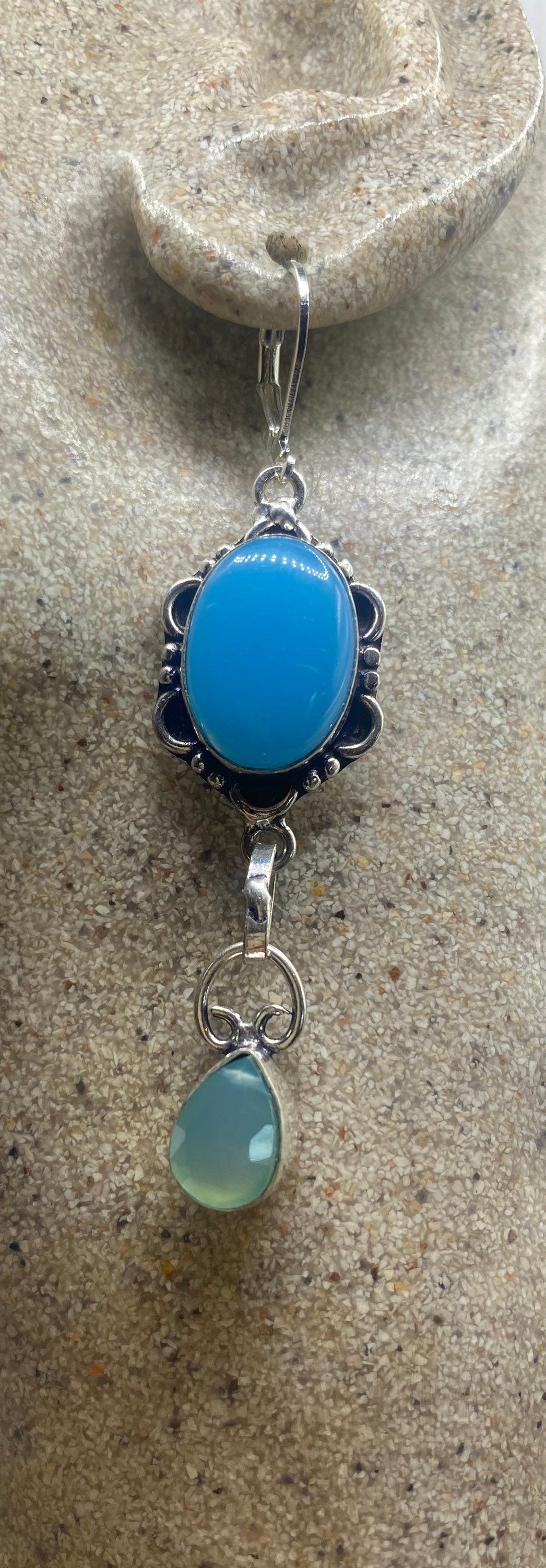 Vintage Blue Chalcedony Chandelier Earrings Silver Dangle