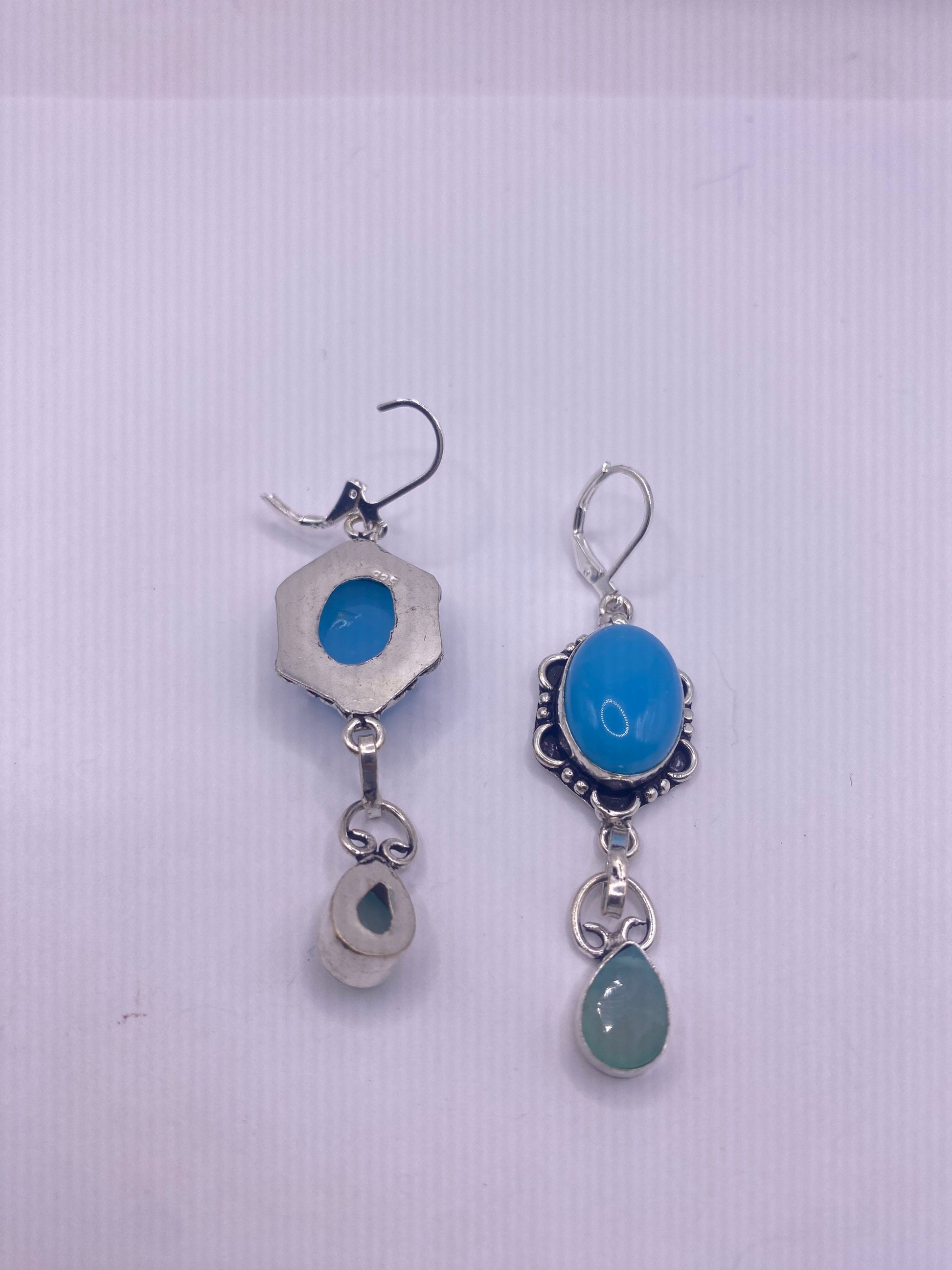 Vintage Blue Chalcedony Chandelier Earrings Silver Dangle