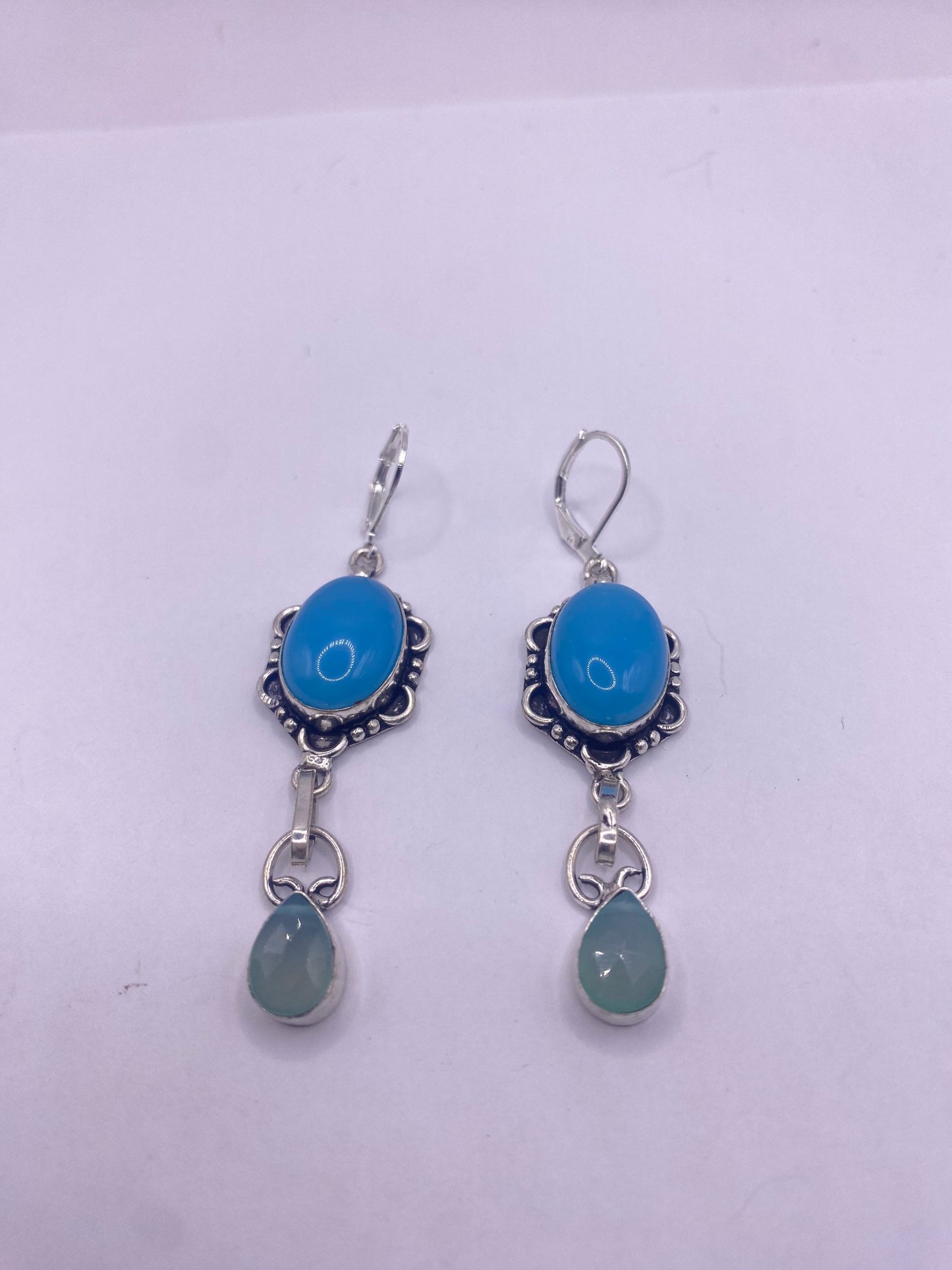 Vintage Blue Chalcedony Chandelier Earrings Silver Dangle